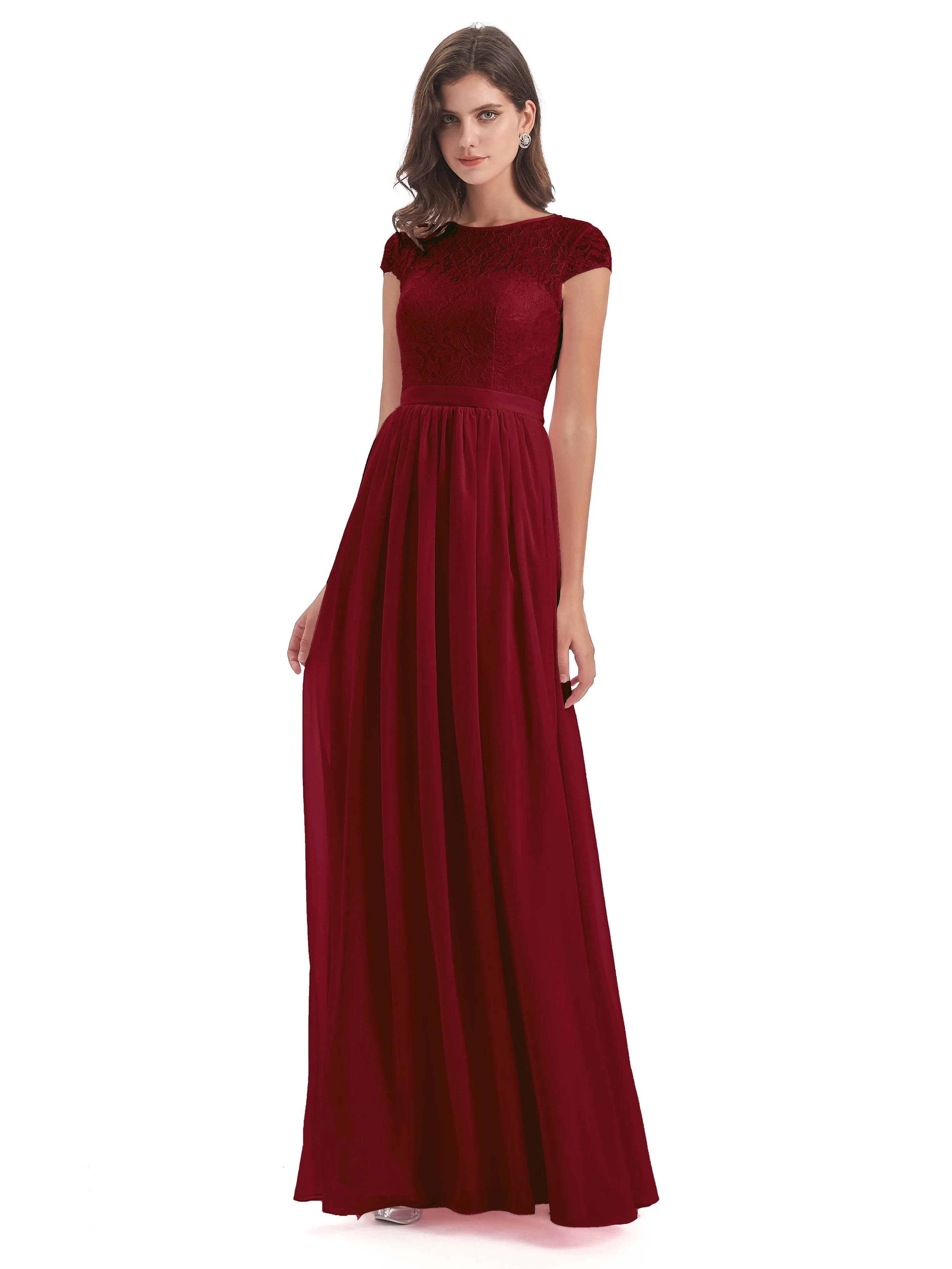 Darcy Modest Cap Sleeves Illusion Long Chiffon Bridesmaid Dresses