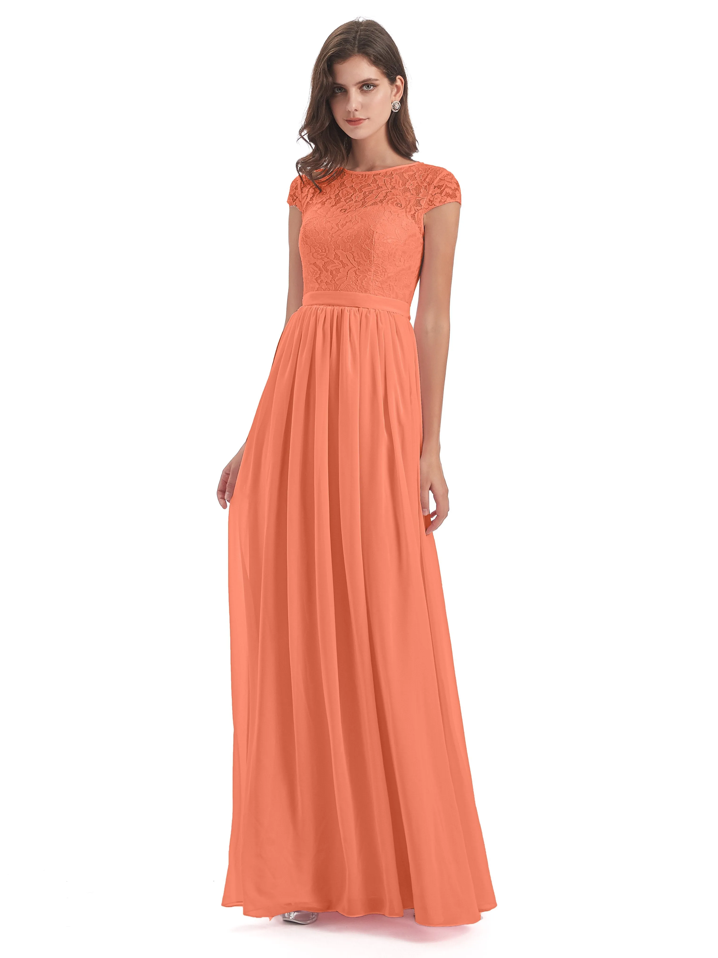 Darcy Modest Cap Sleeves Illusion Long Chiffon Bridesmaid Dresses