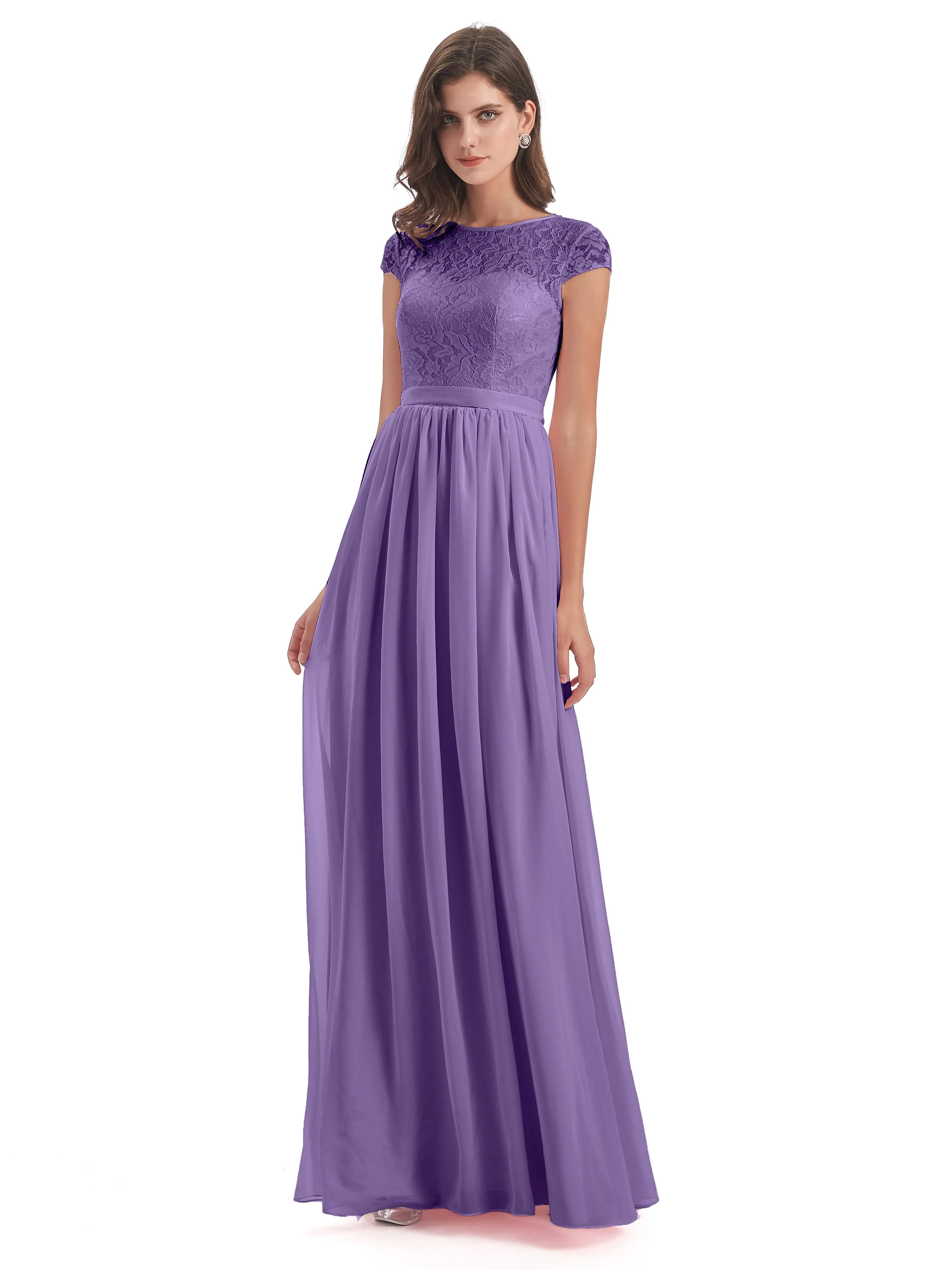 Darcy Modest Cap Sleeves Illusion Long Chiffon Bridesmaid Dresses