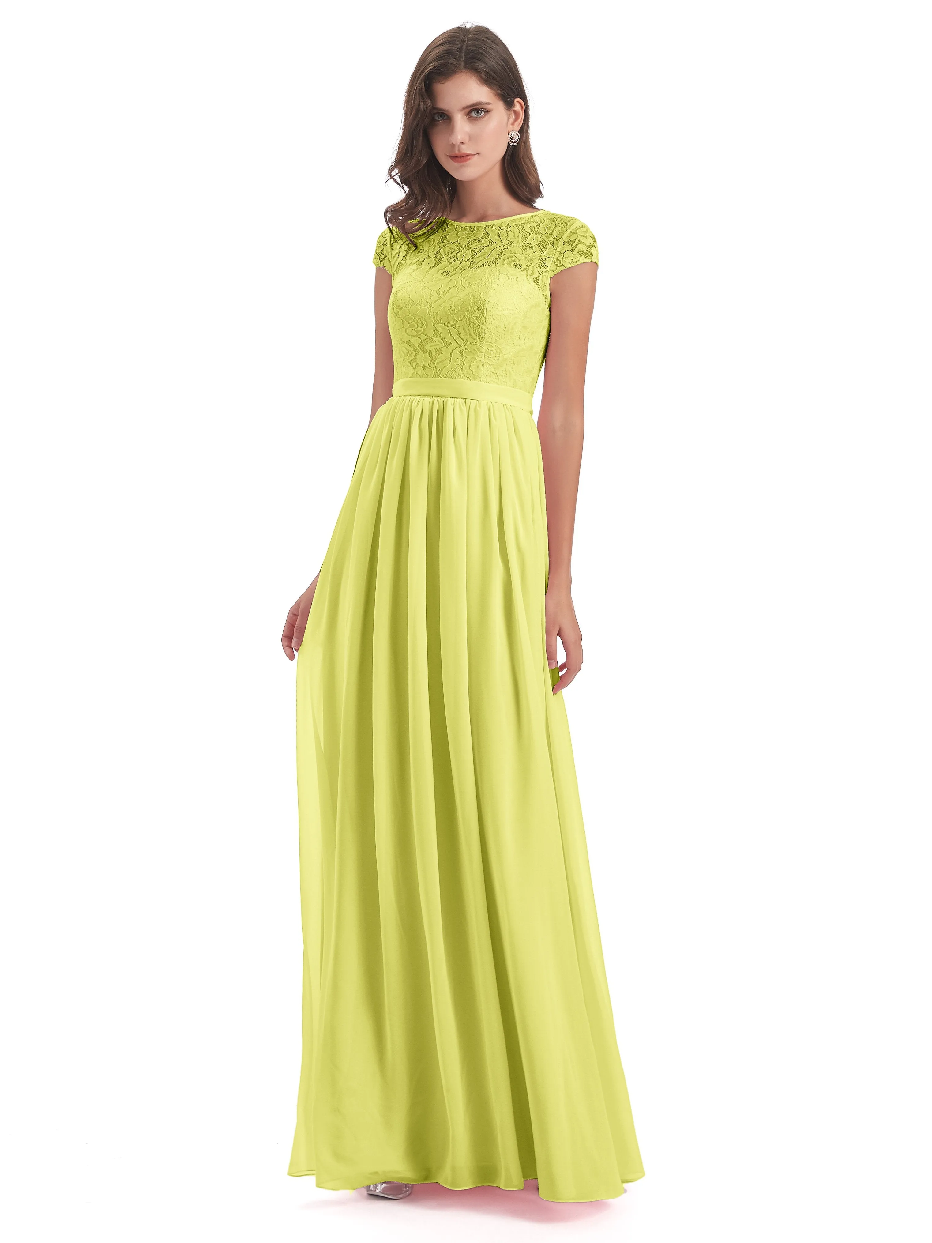 Darcy Modest Cap Sleeves Illusion Long Chiffon Bridesmaid Dresses