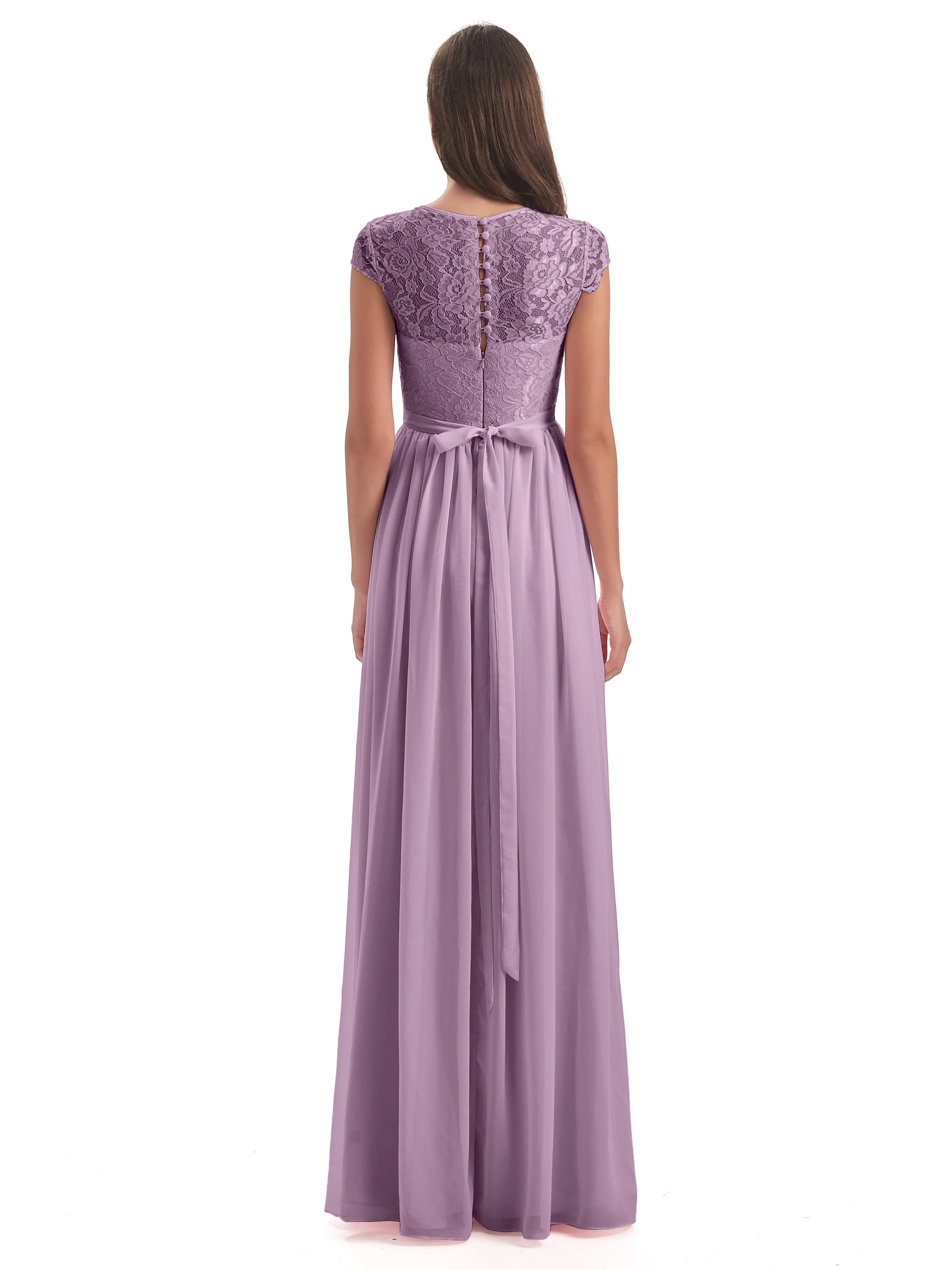 Darcy Modest Cap Sleeves Illusion Long Chiffon Bridesmaid Dresses