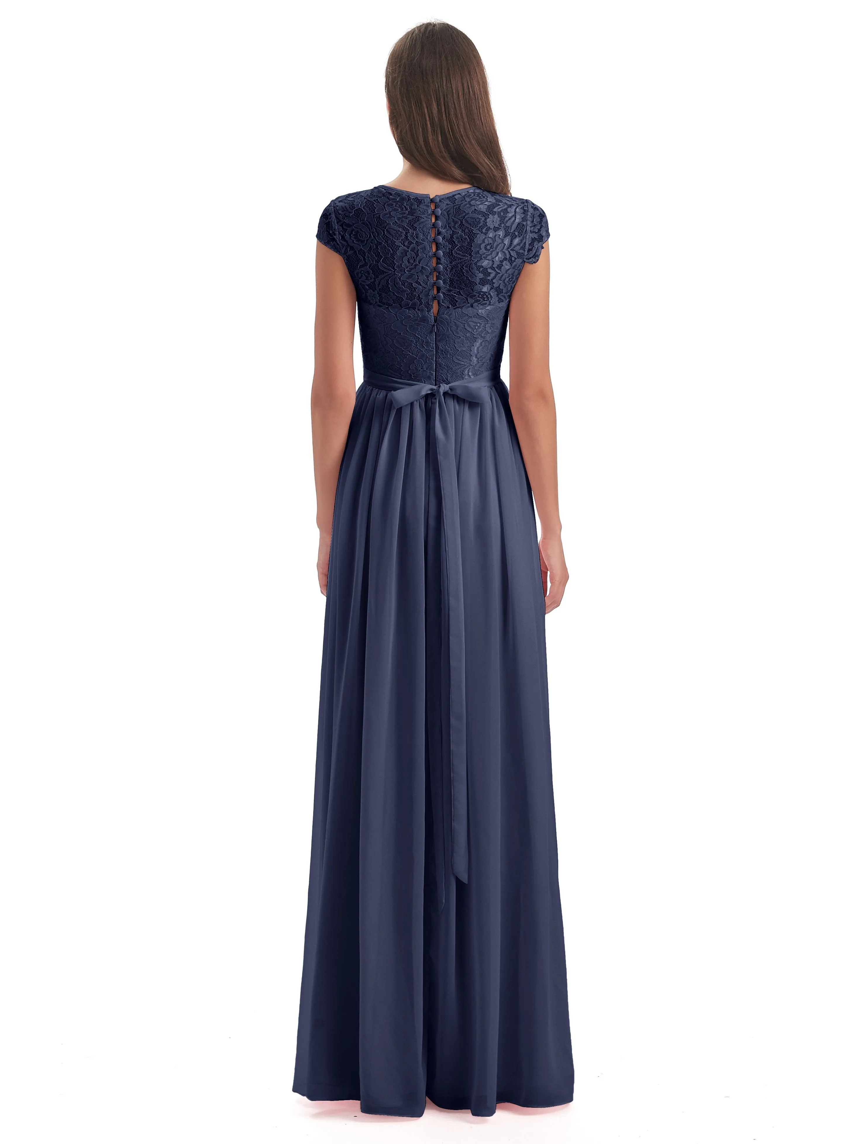 Darcy Modest Cap Sleeves Illusion Long Chiffon Bridesmaid Dresses