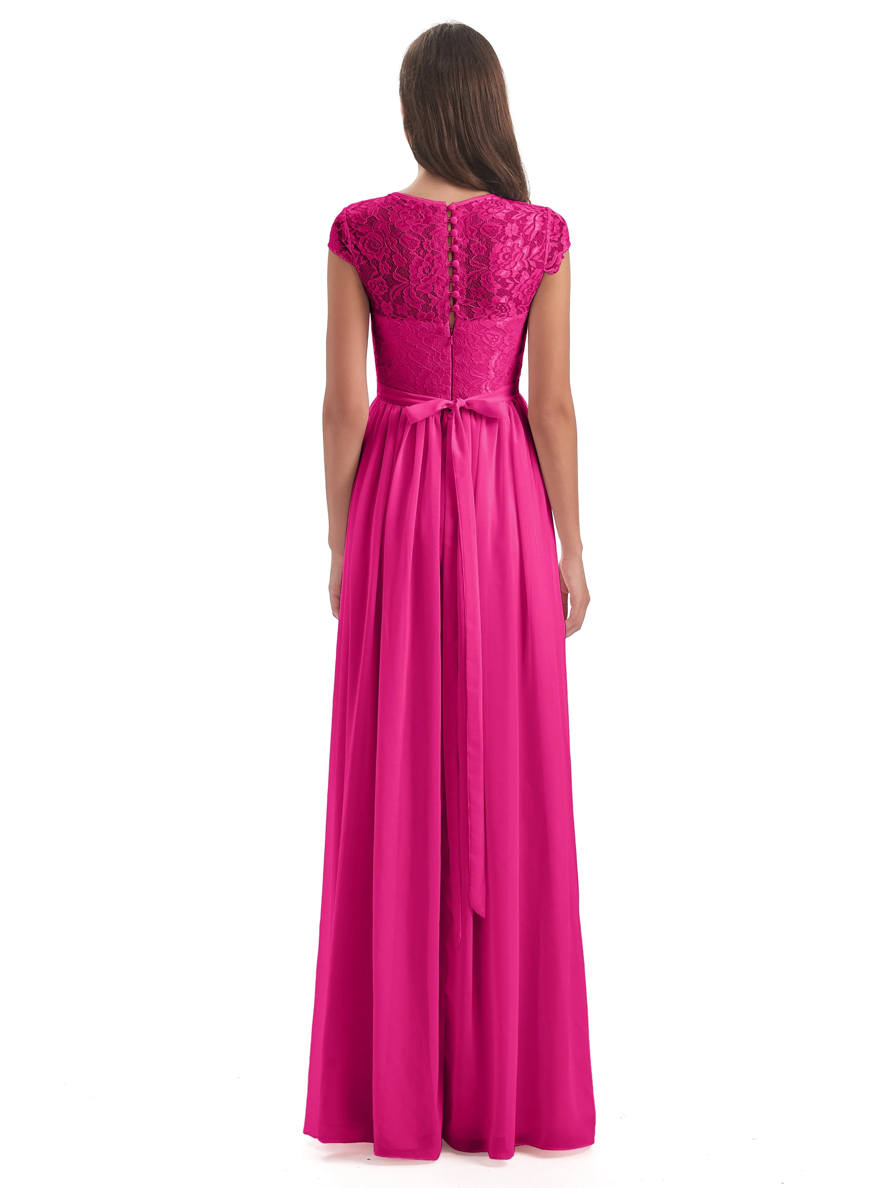 Darcy Modest Cap Sleeves Illusion Long Chiffon Bridesmaid Dresses