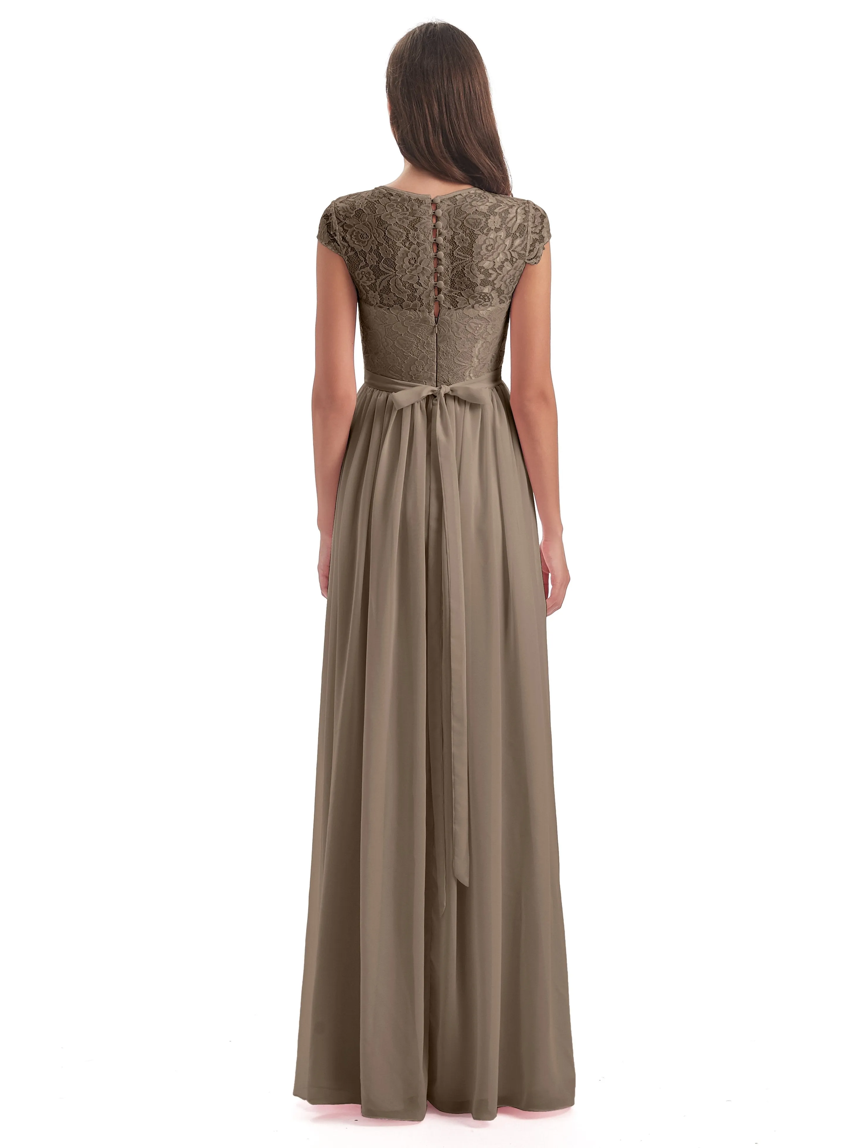 Darcy Modest Cap Sleeves Illusion Long Chiffon Bridesmaid Dresses