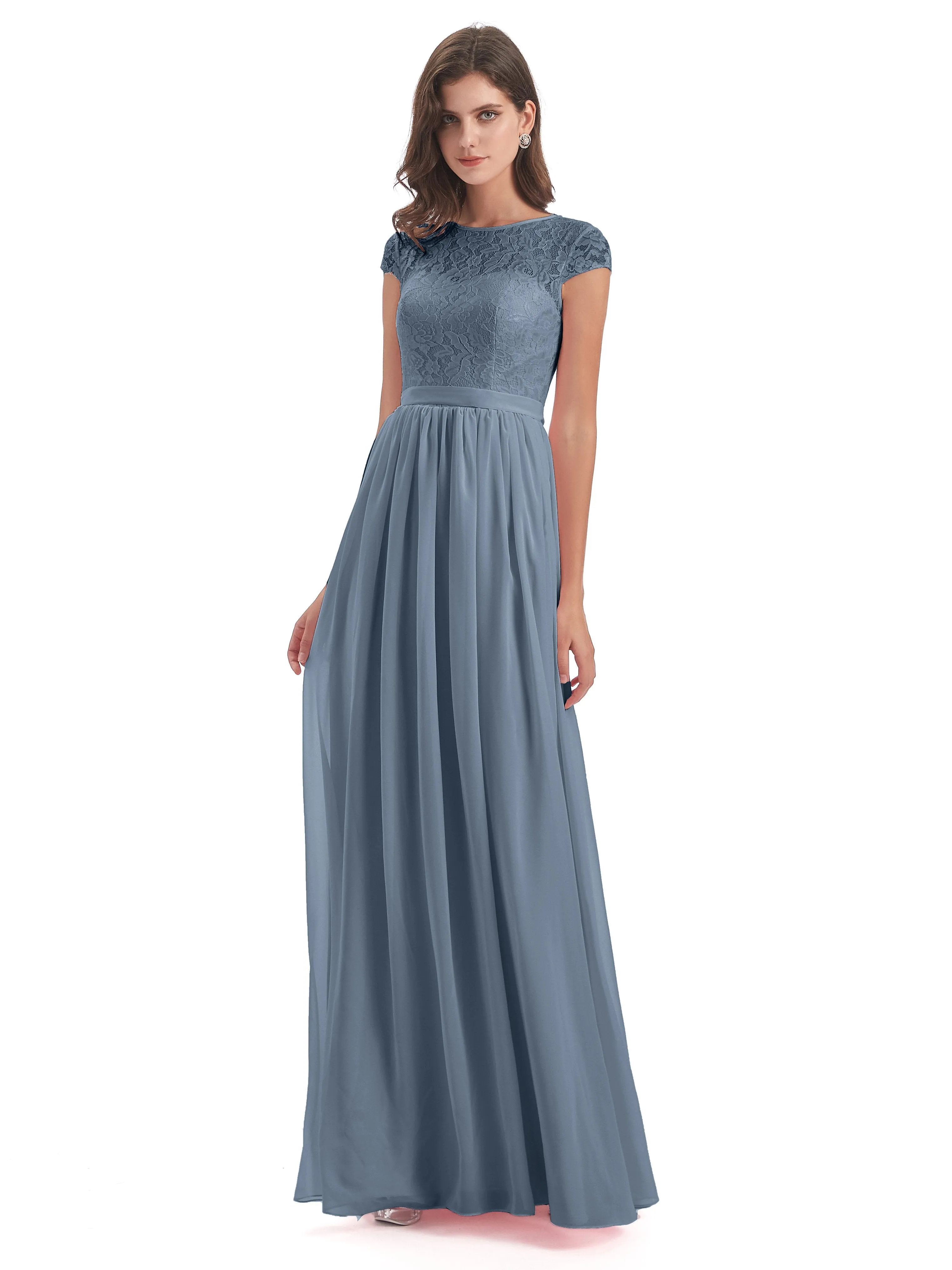 Darcy Modest Cap Sleeves Illusion Long Chiffon Bridesmaid Dresses