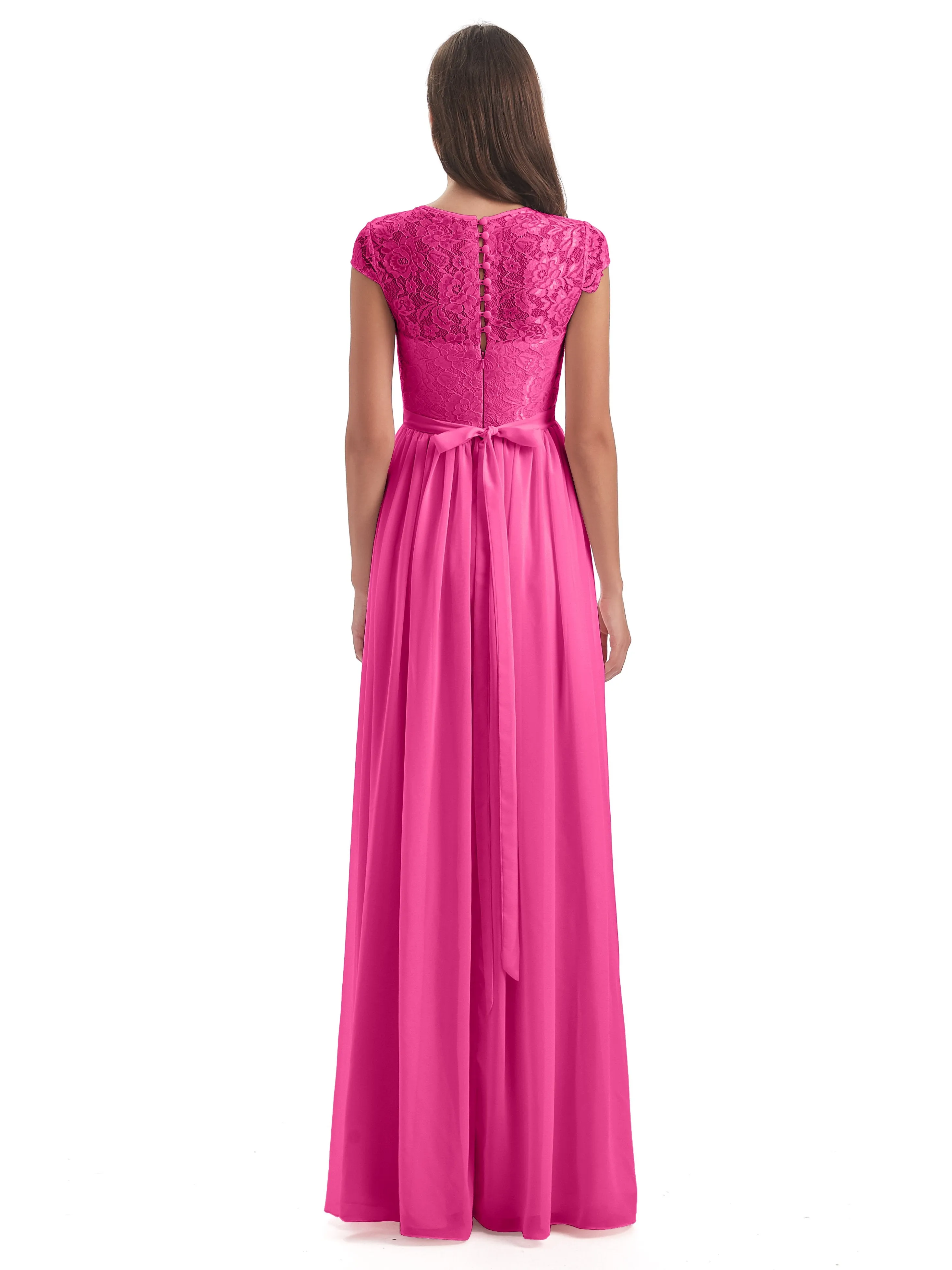 Darcy Modest Cap Sleeves Illusion Long Chiffon Bridesmaid Dresses