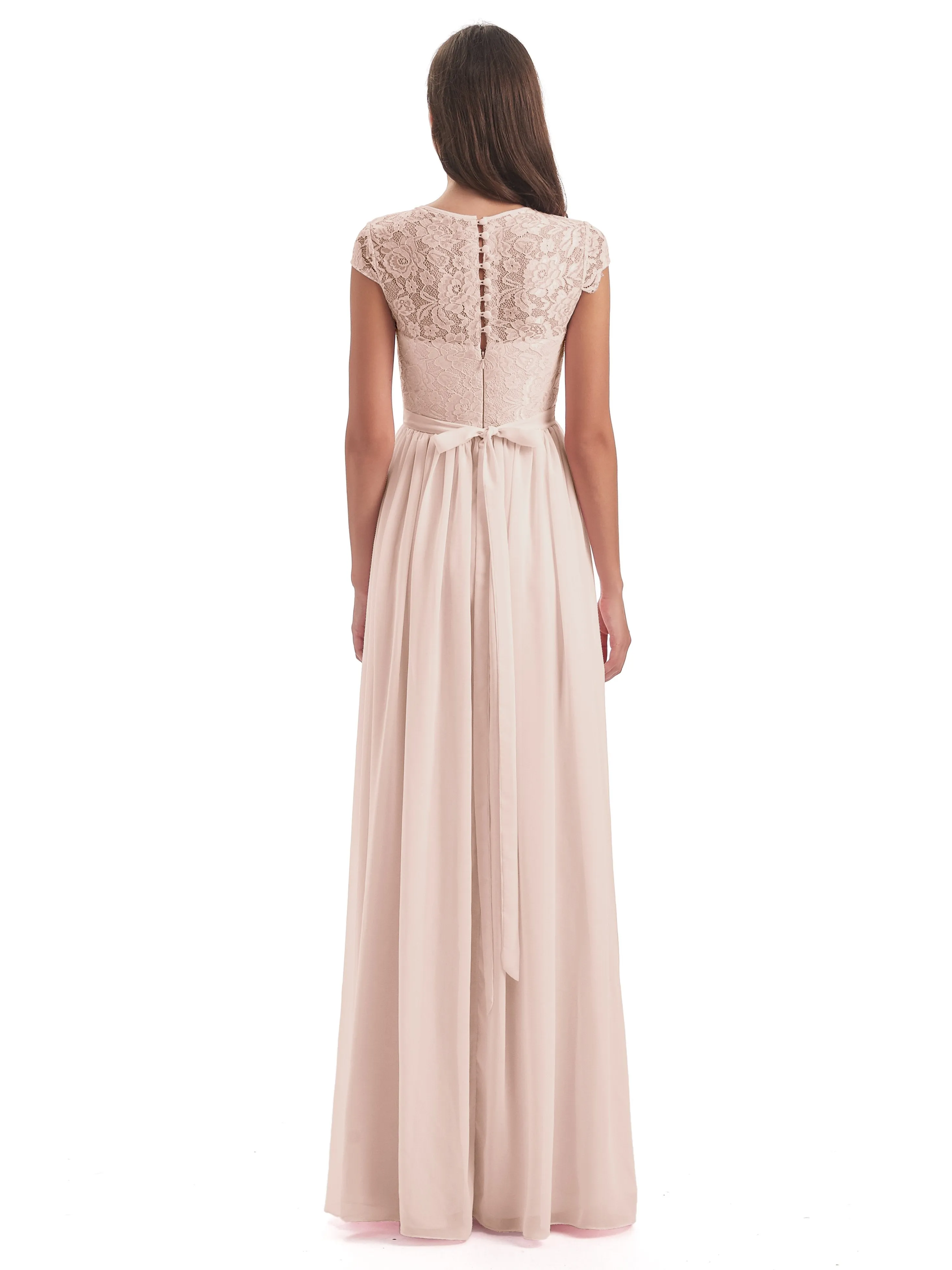 Darcy Modest Cap Sleeves Illusion Long Chiffon Bridesmaid Dresses