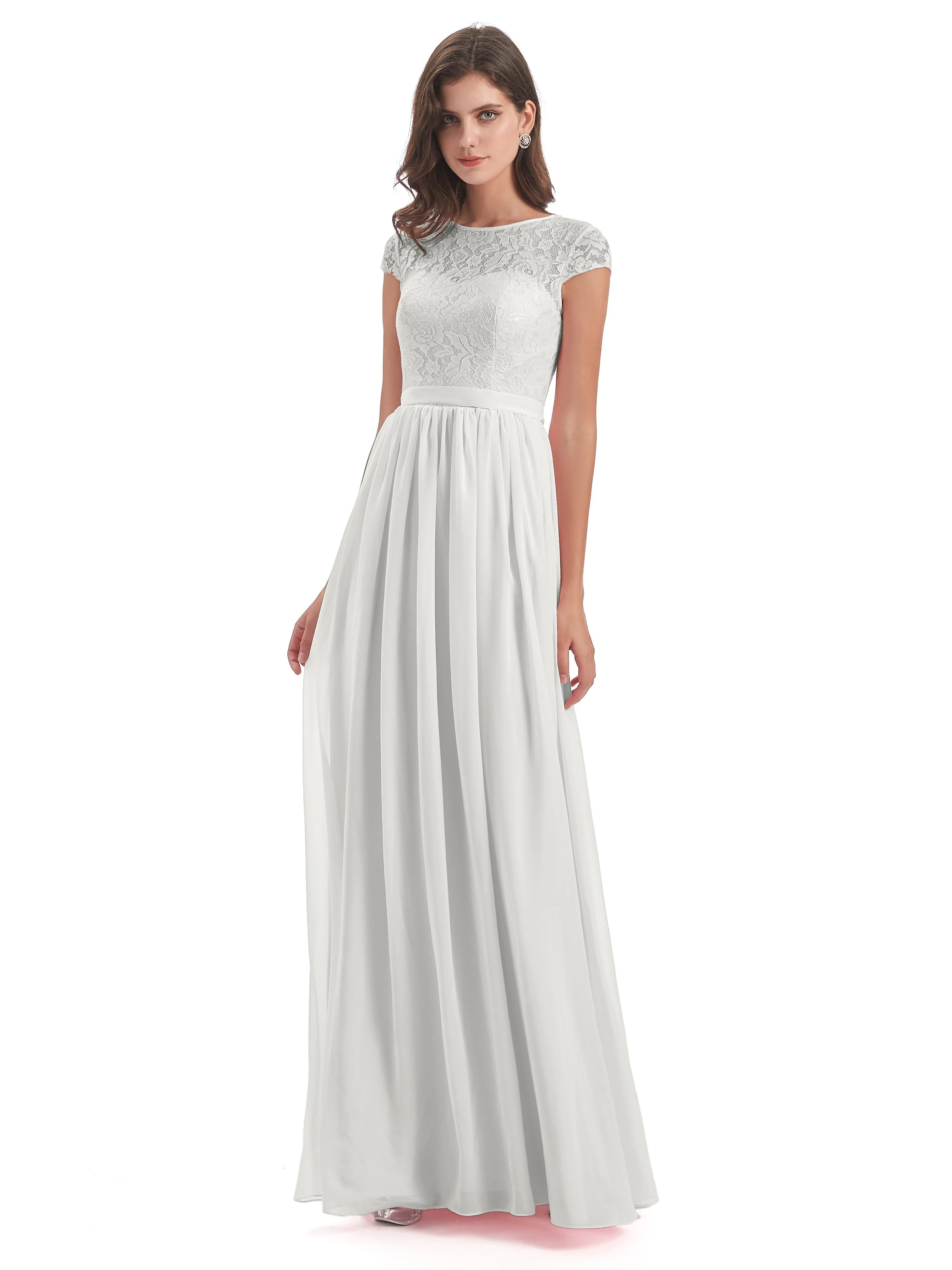 Darcy Modest Cap Sleeves Illusion Long Chiffon Bridesmaid Dresses