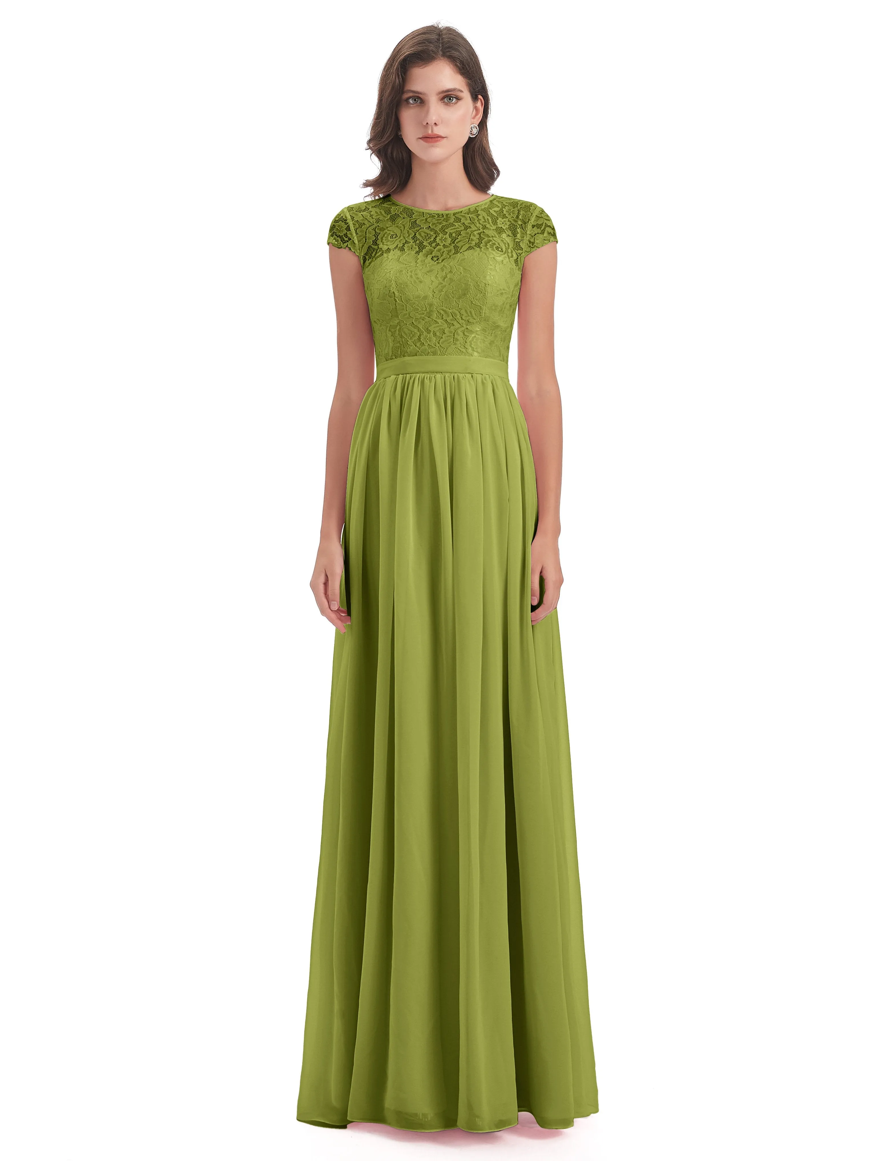 Darcy Modest Cap Sleeves Illusion Long Chiffon Bridesmaid Dresses