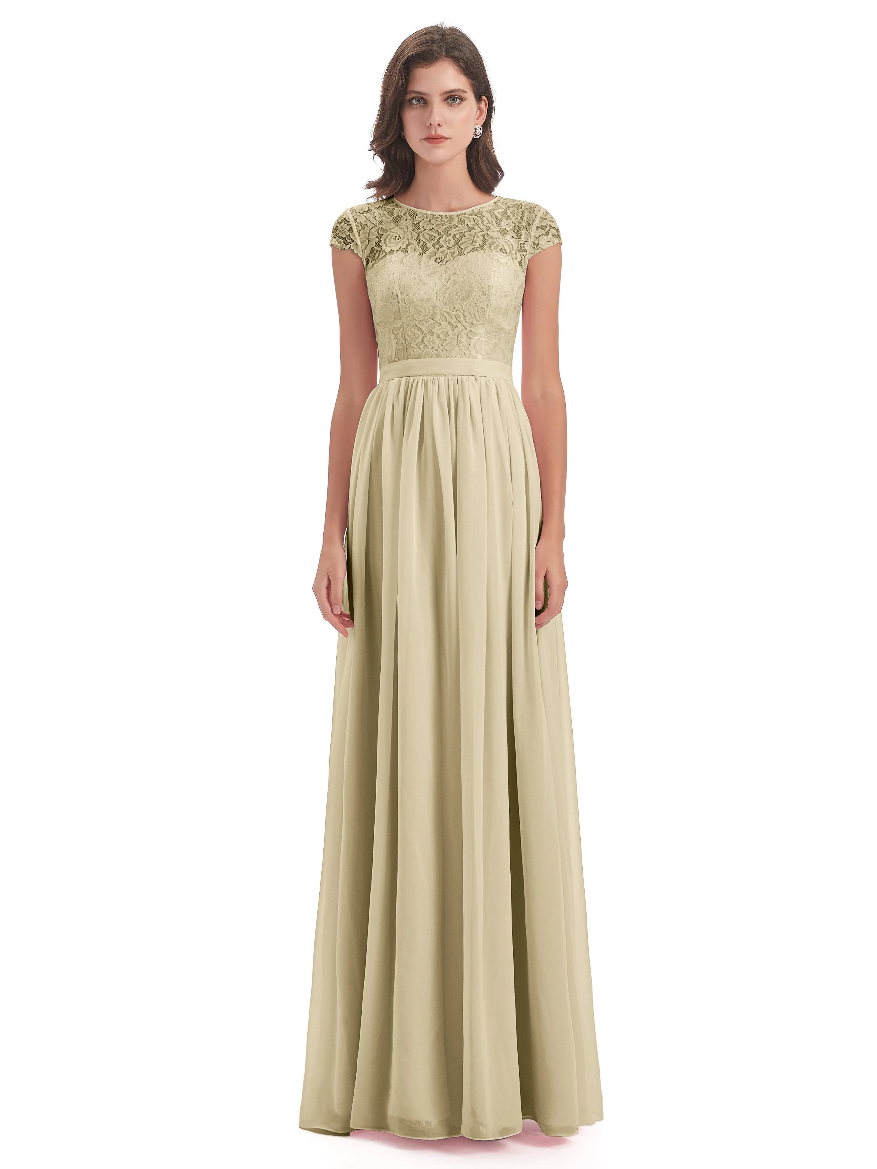 Darcy Modest Cap Sleeves Illusion Long Chiffon Bridesmaid Dresses