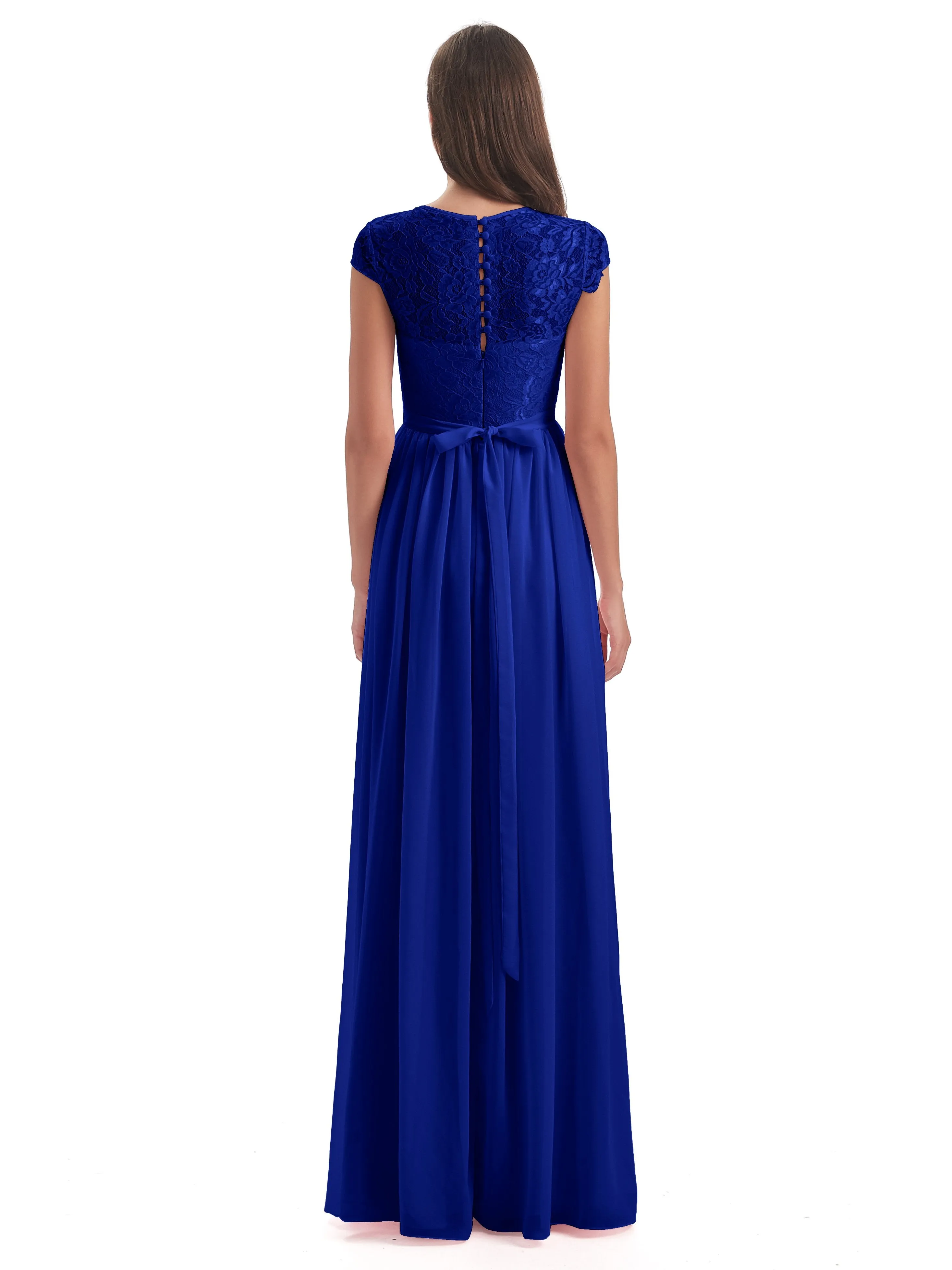 Darcy Modest Cap Sleeves Illusion Long Chiffon Bridesmaid Dresses