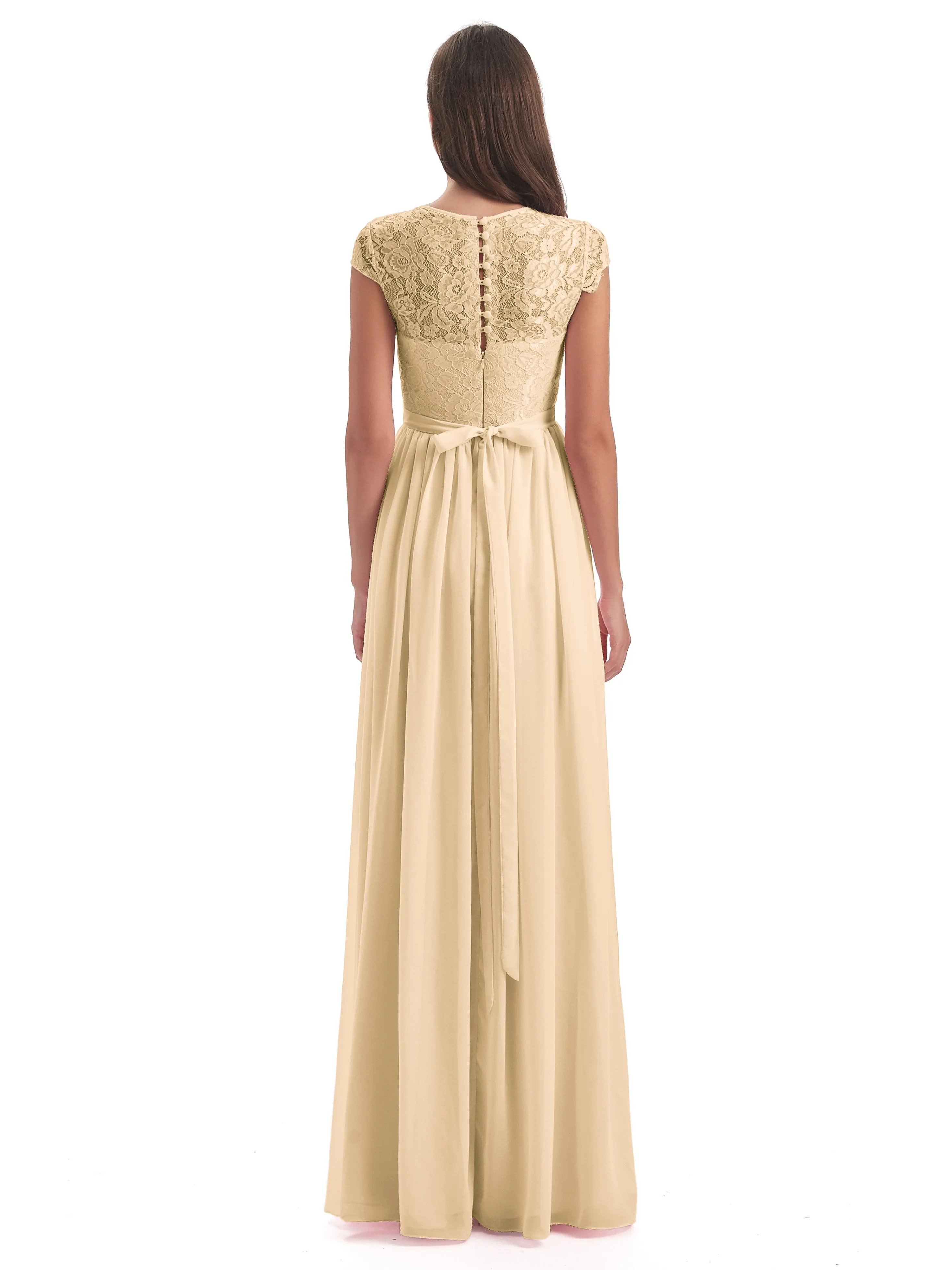 Darcy Modest Cap Sleeves Illusion Long Chiffon Bridesmaid Dresses