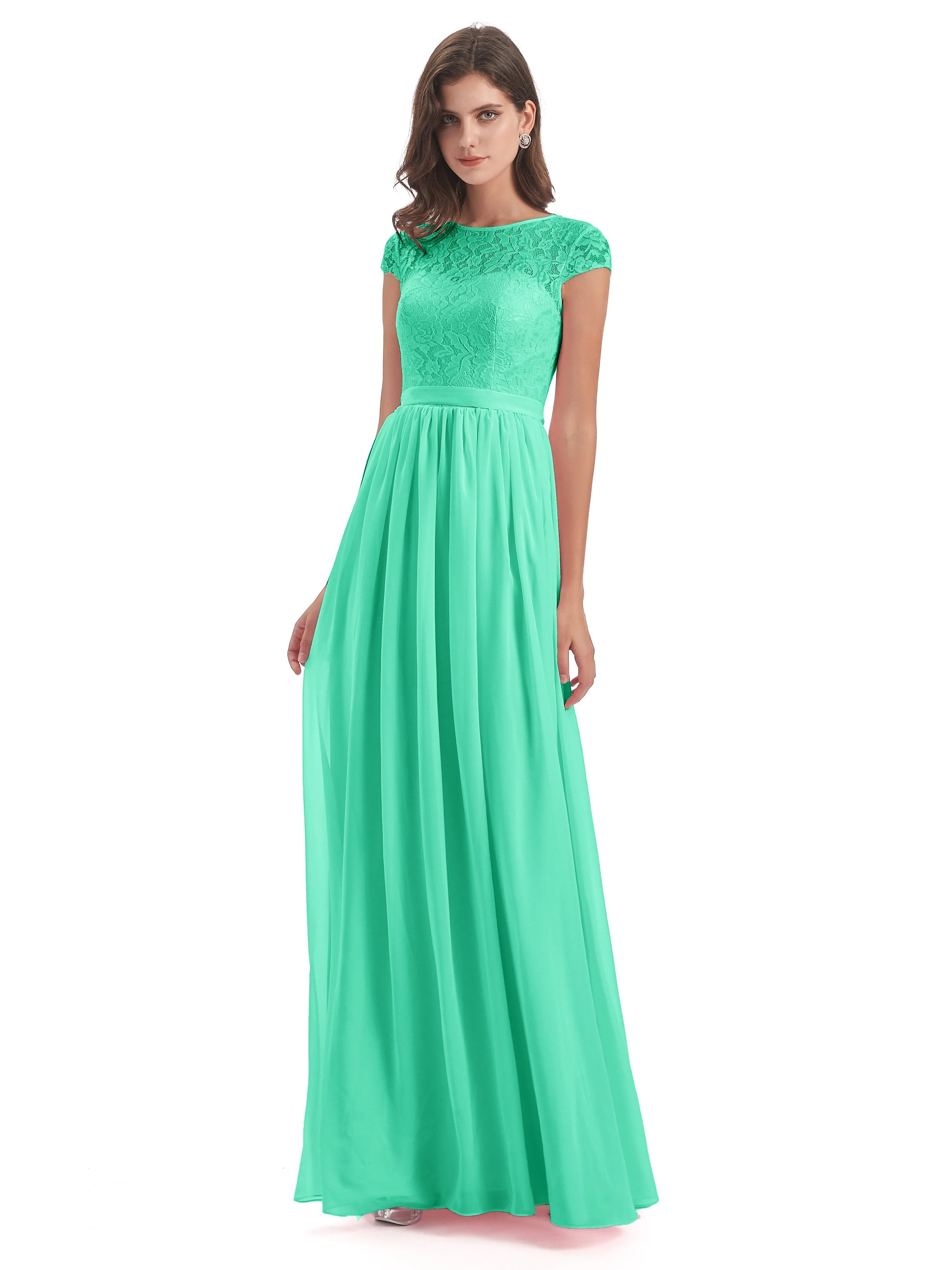 Darcy Modest Cap Sleeves Illusion Long Chiffon Bridesmaid Dresses