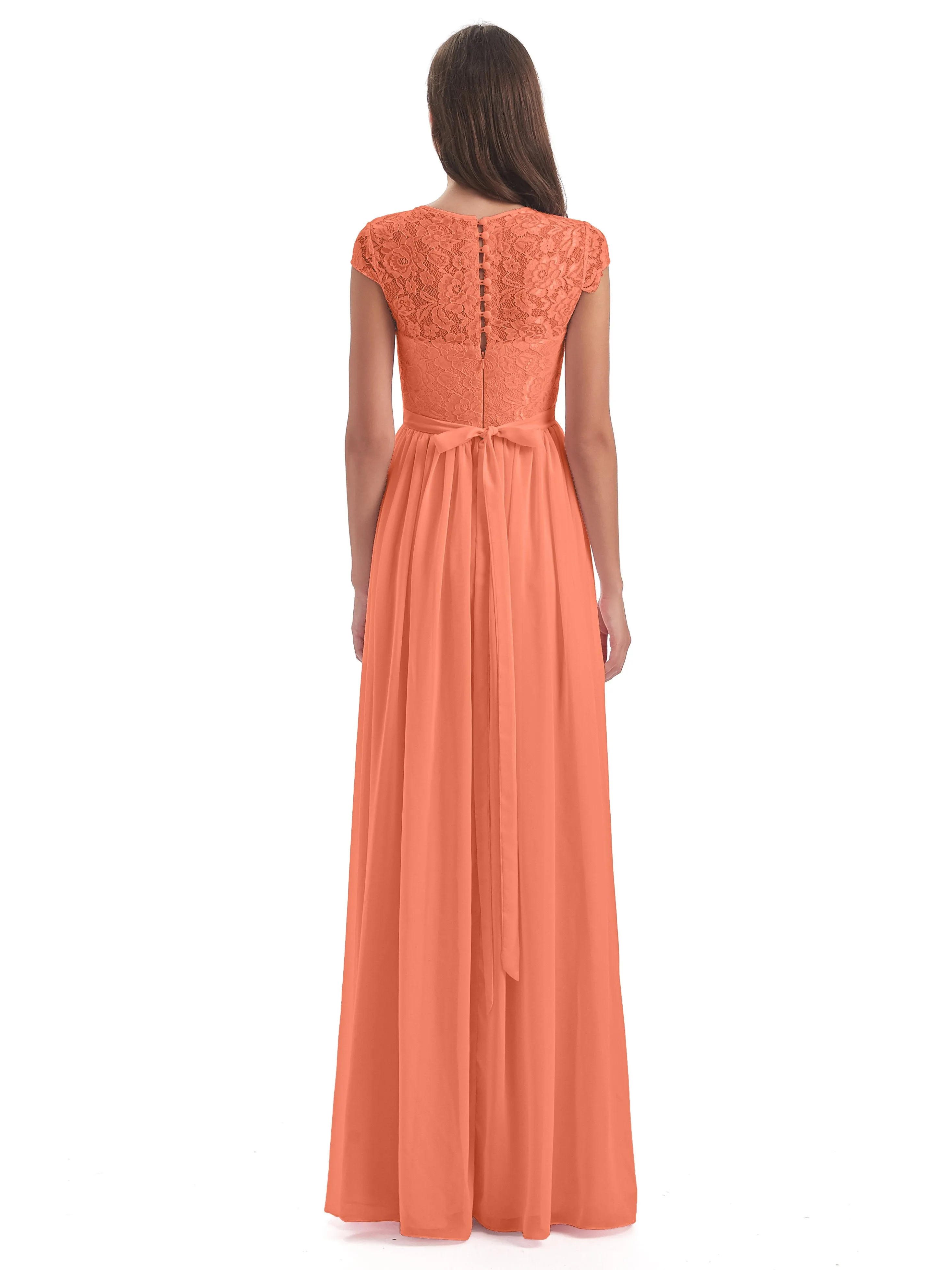 Darcy Modest Cap Sleeves Illusion Long Chiffon Bridesmaid Dresses