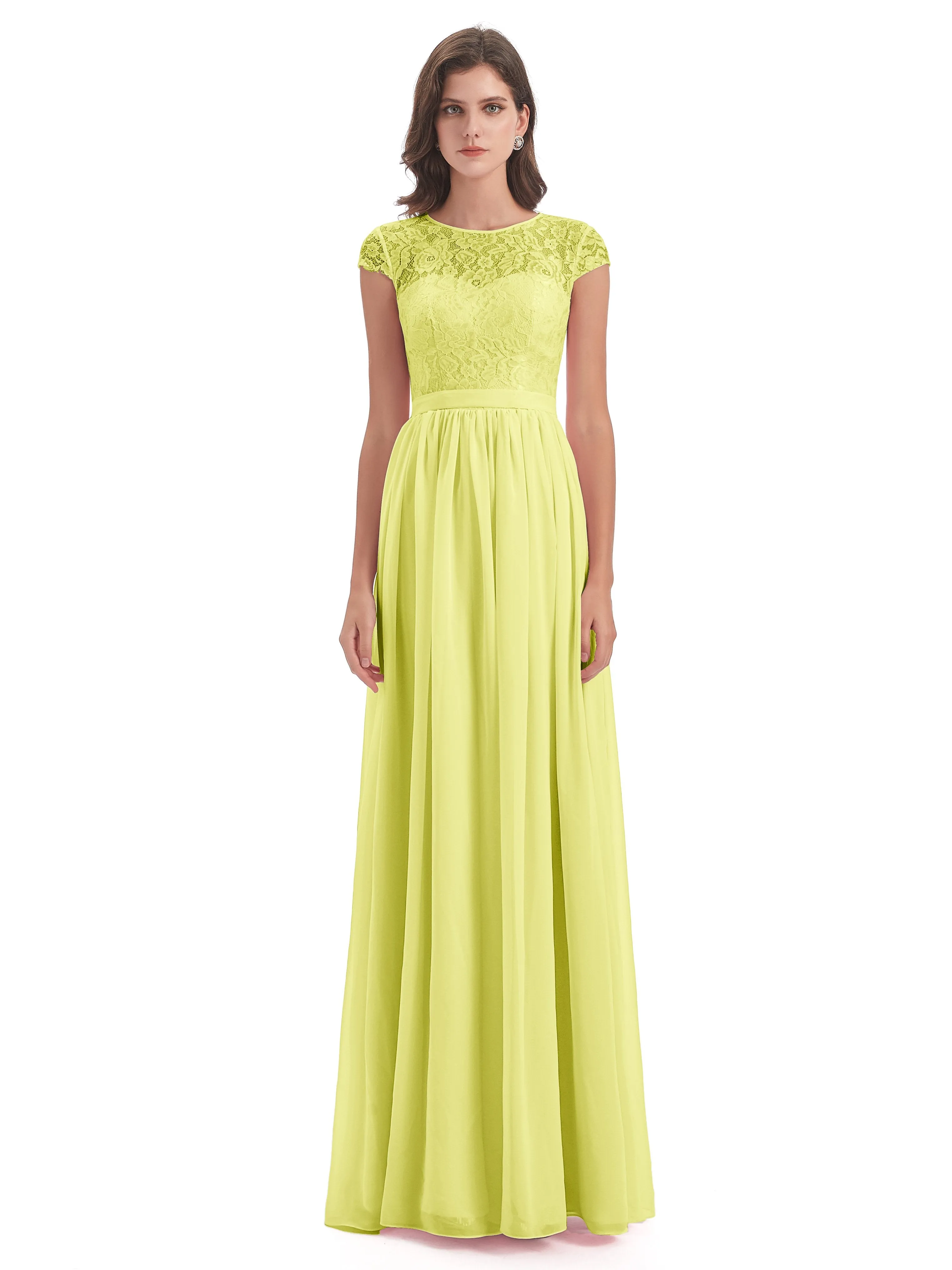 Darcy Modest Cap Sleeves Illusion Long Chiffon Bridesmaid Dresses