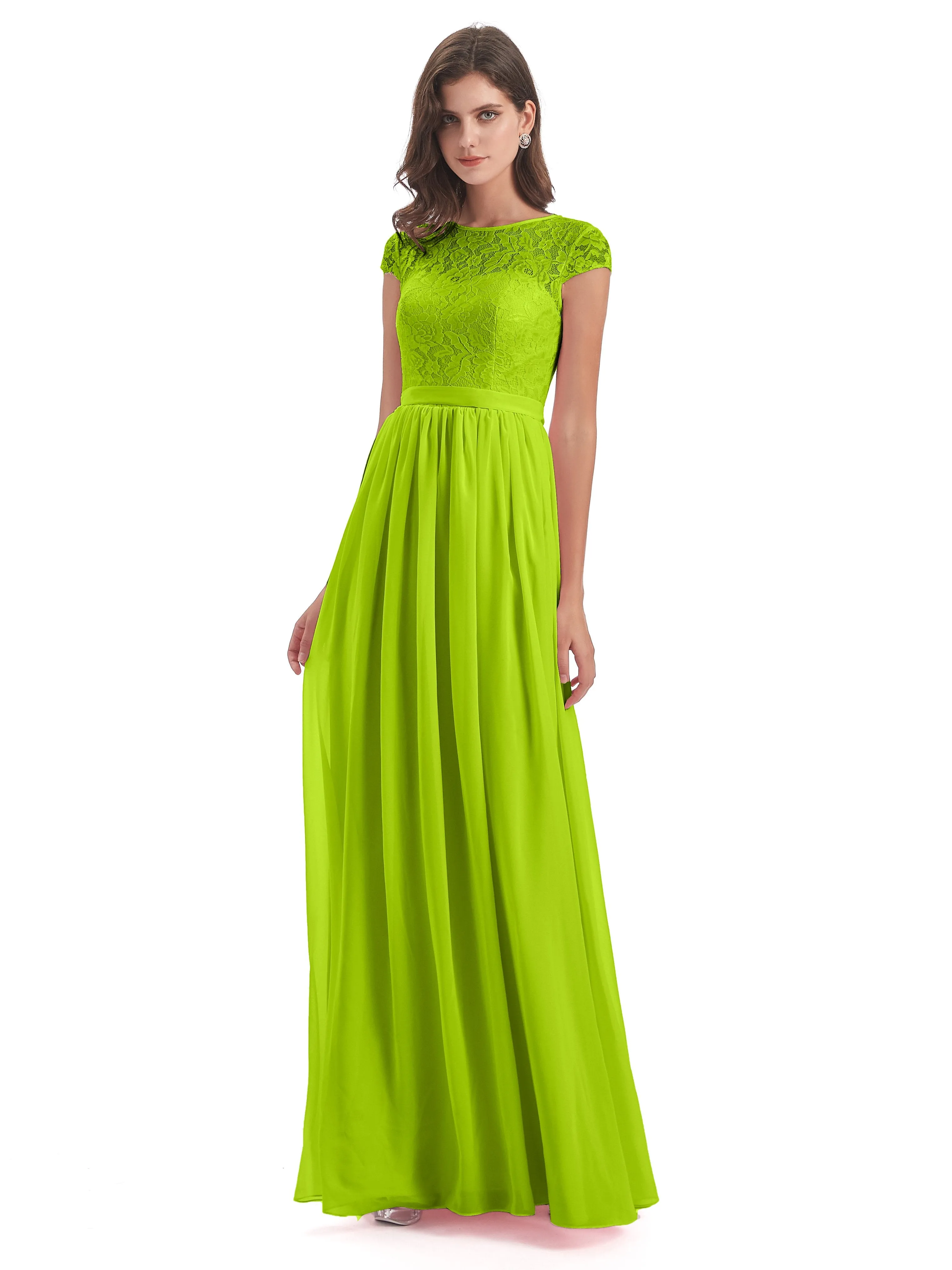 Darcy Modest Cap Sleeves Illusion Long Chiffon Bridesmaid Dresses