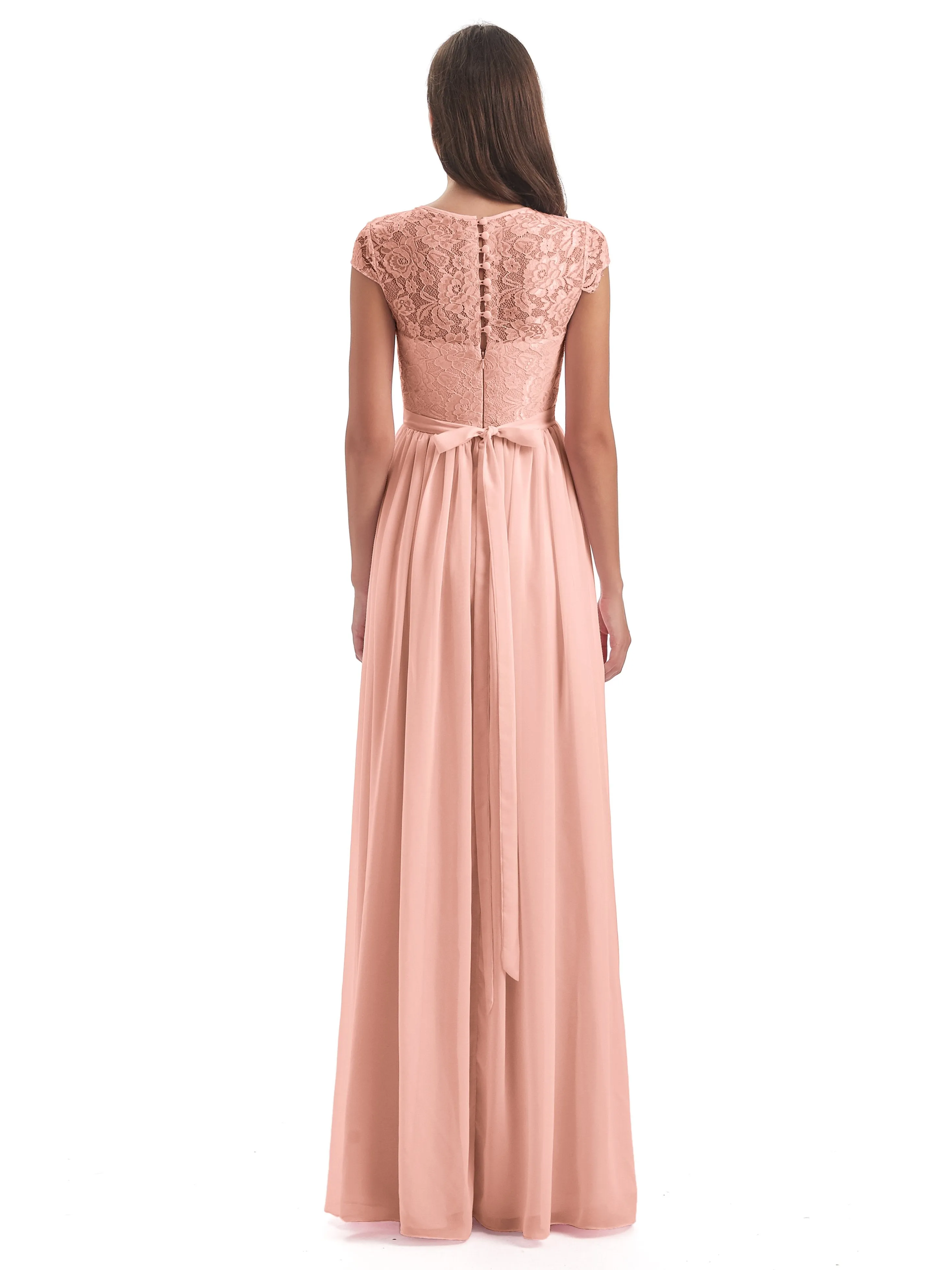 Darcy Modest Cap Sleeves Illusion Long Chiffon Bridesmaid Dresses