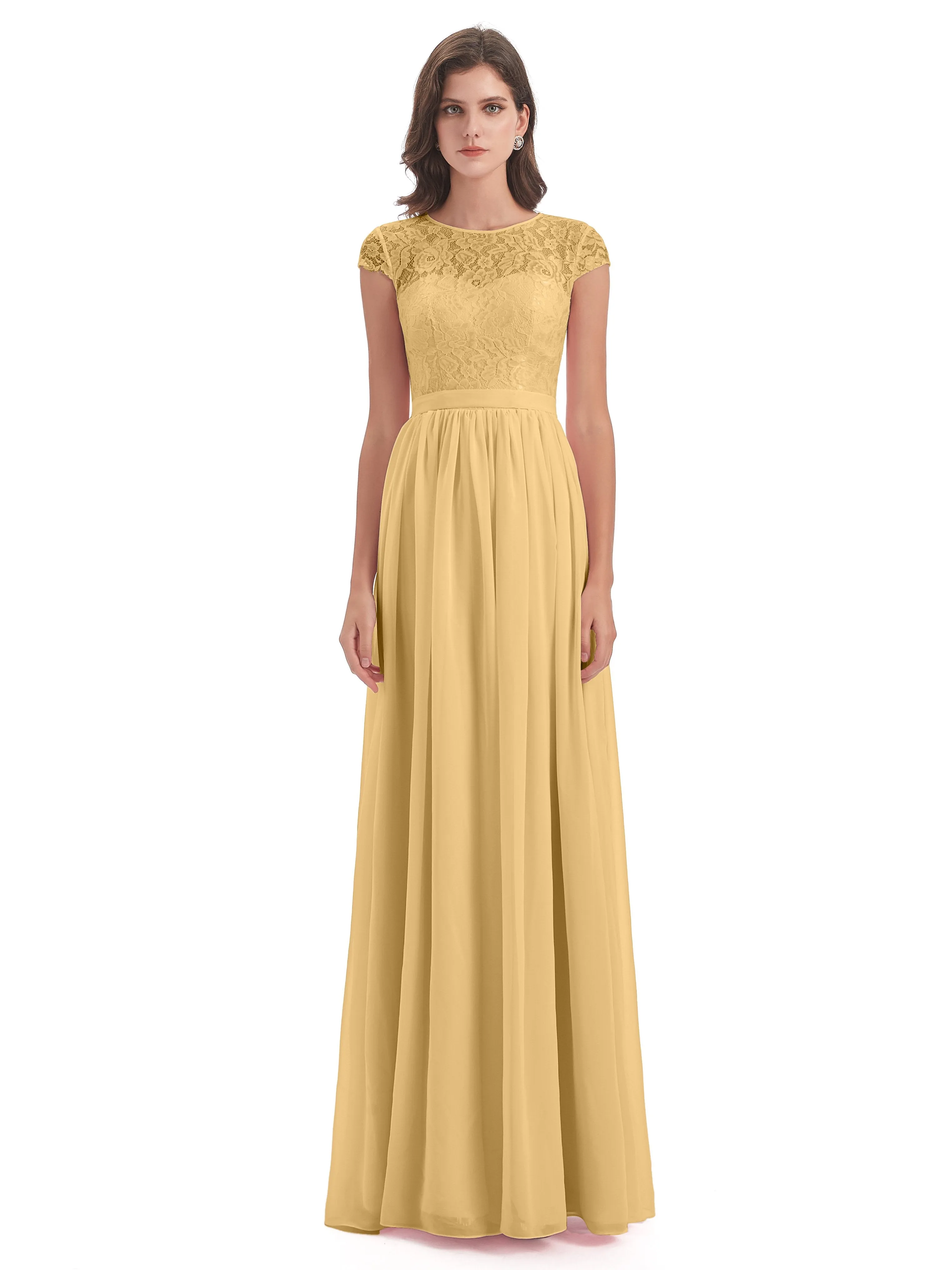 Darcy Modest Cap Sleeves Illusion Long Chiffon Bridesmaid Dresses