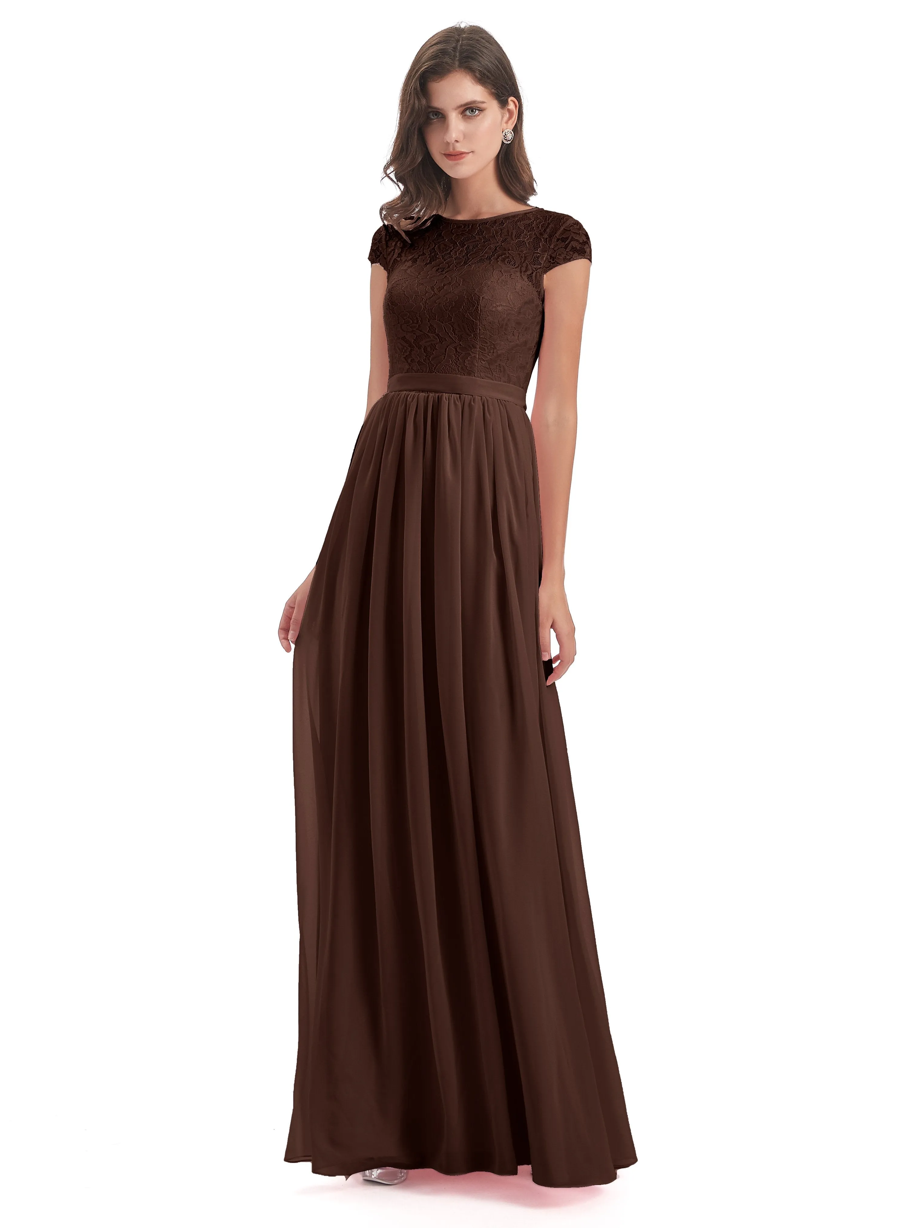 Darcy Modest Cap Sleeves Illusion Long Chiffon Bridesmaid Dresses