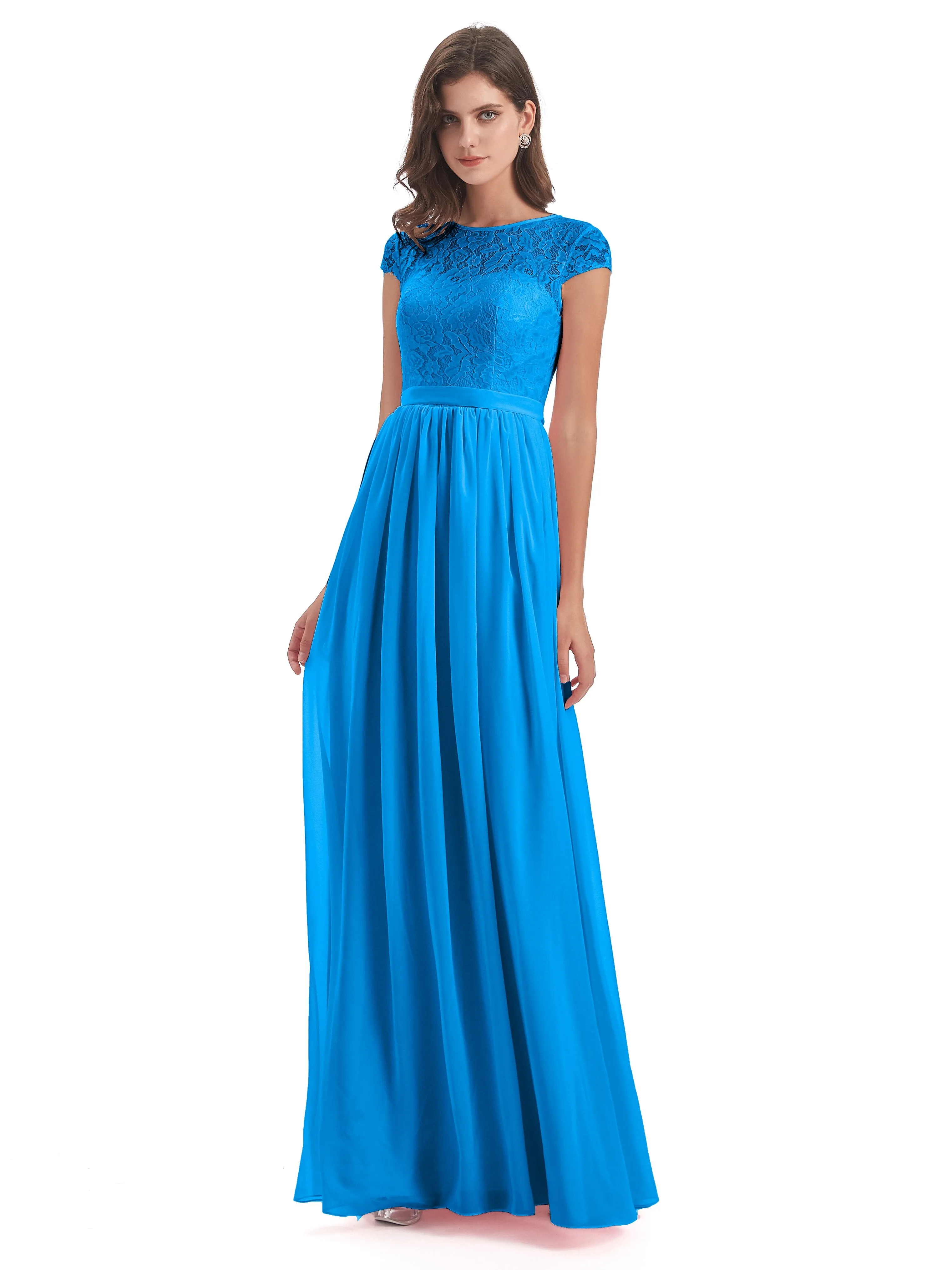 Darcy Modest Cap Sleeves Illusion Long Chiffon Bridesmaid Dresses