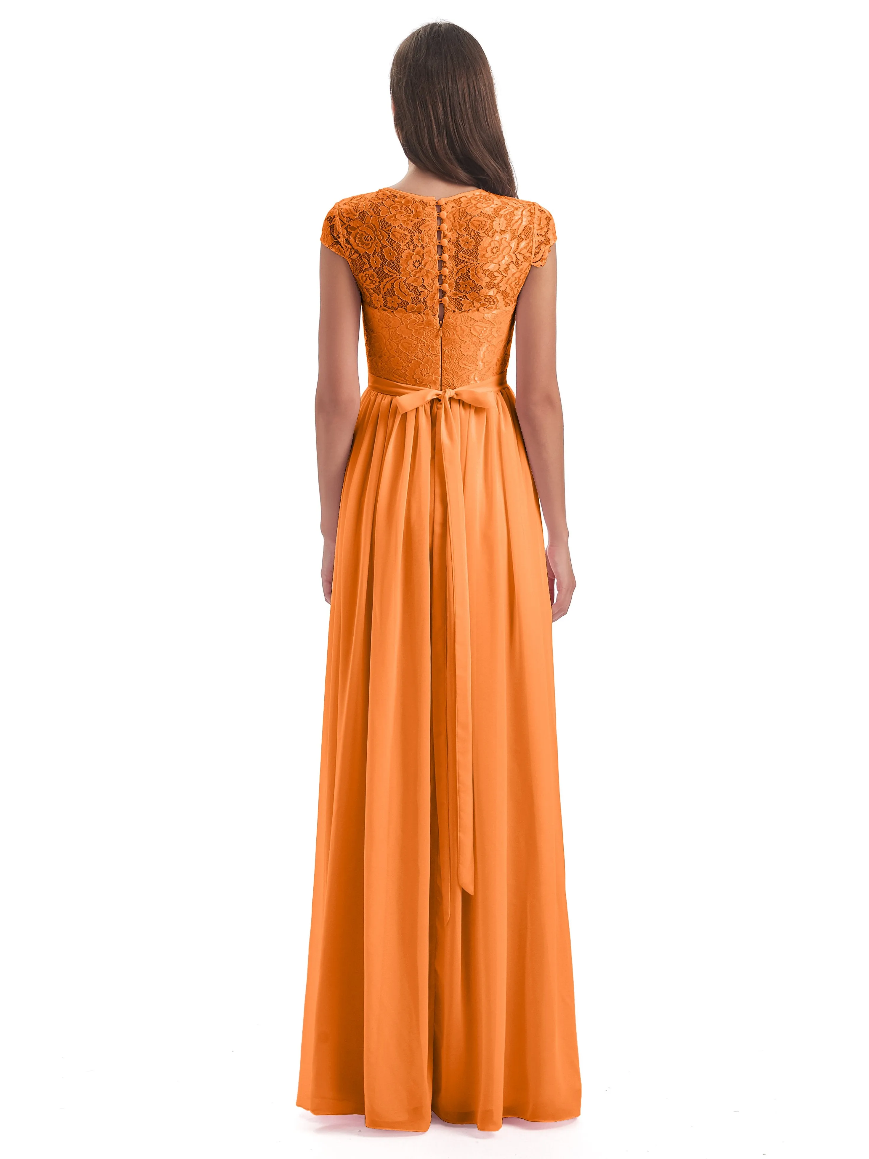 Darcy Modest Cap Sleeves Illusion Long Chiffon Bridesmaid Dresses