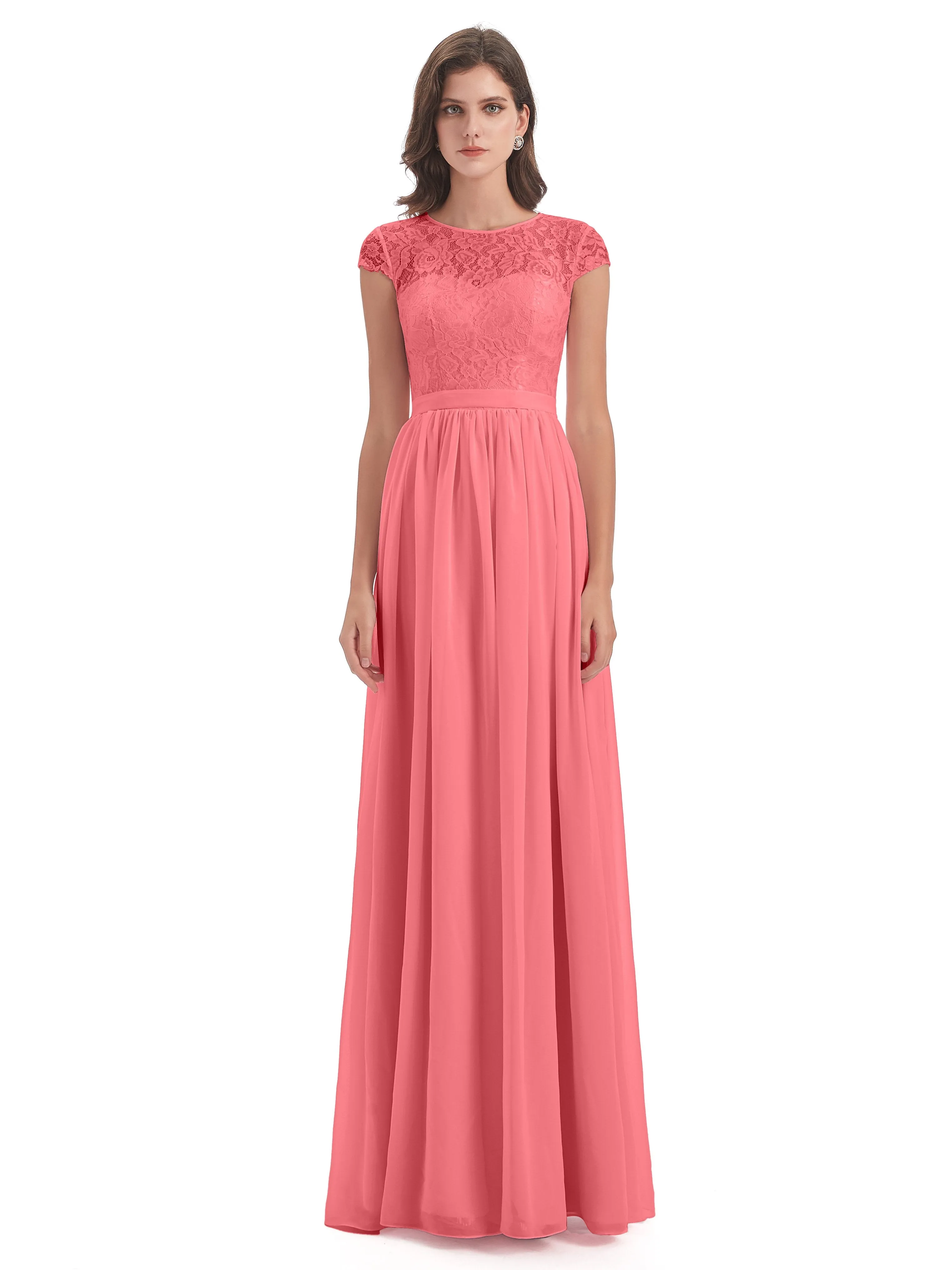 Darcy Modest Cap Sleeves Illusion Long Chiffon Bridesmaid Dresses