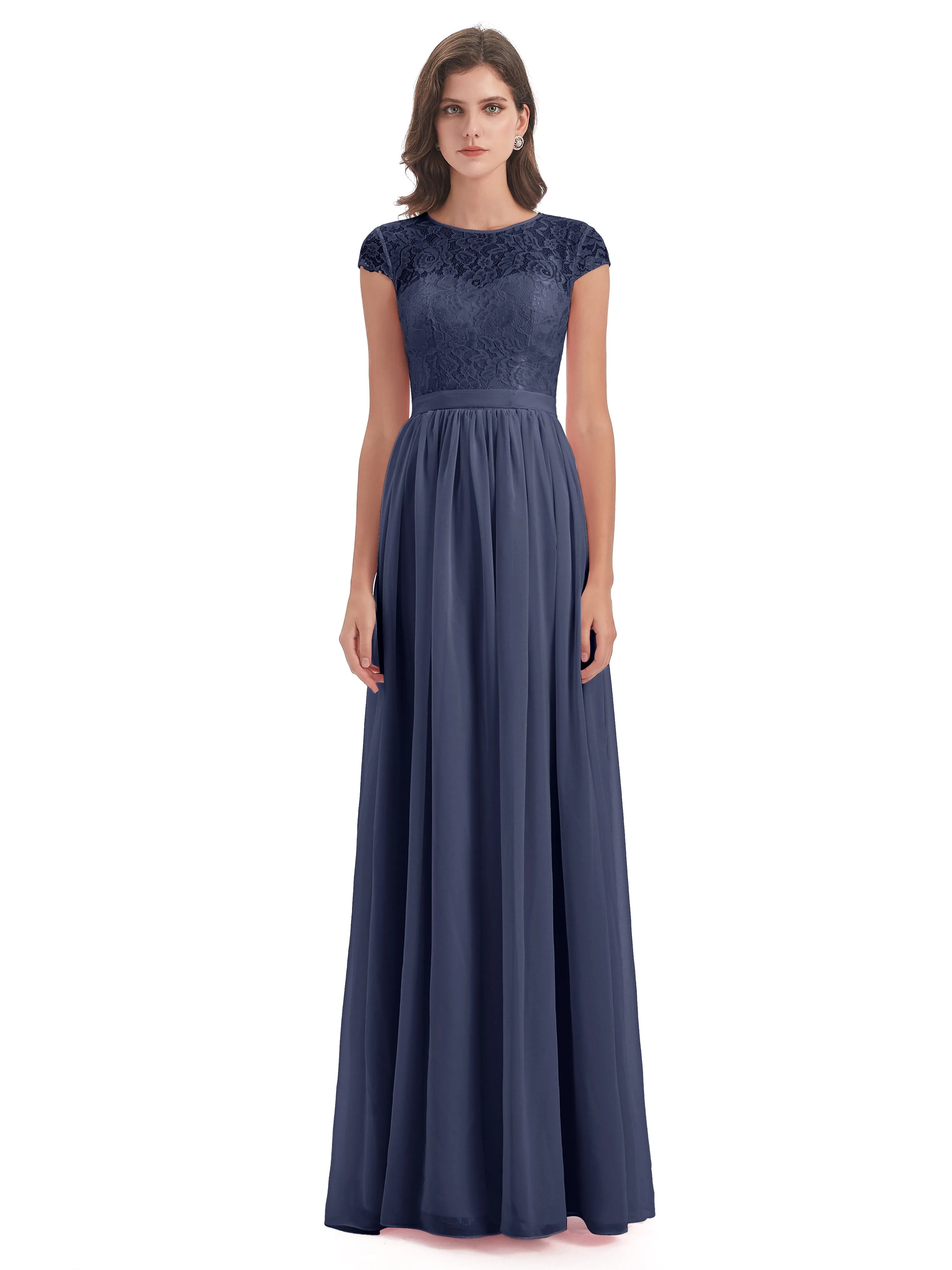 Darcy Modest Cap Sleeves Illusion Long Chiffon Bridesmaid Dresses