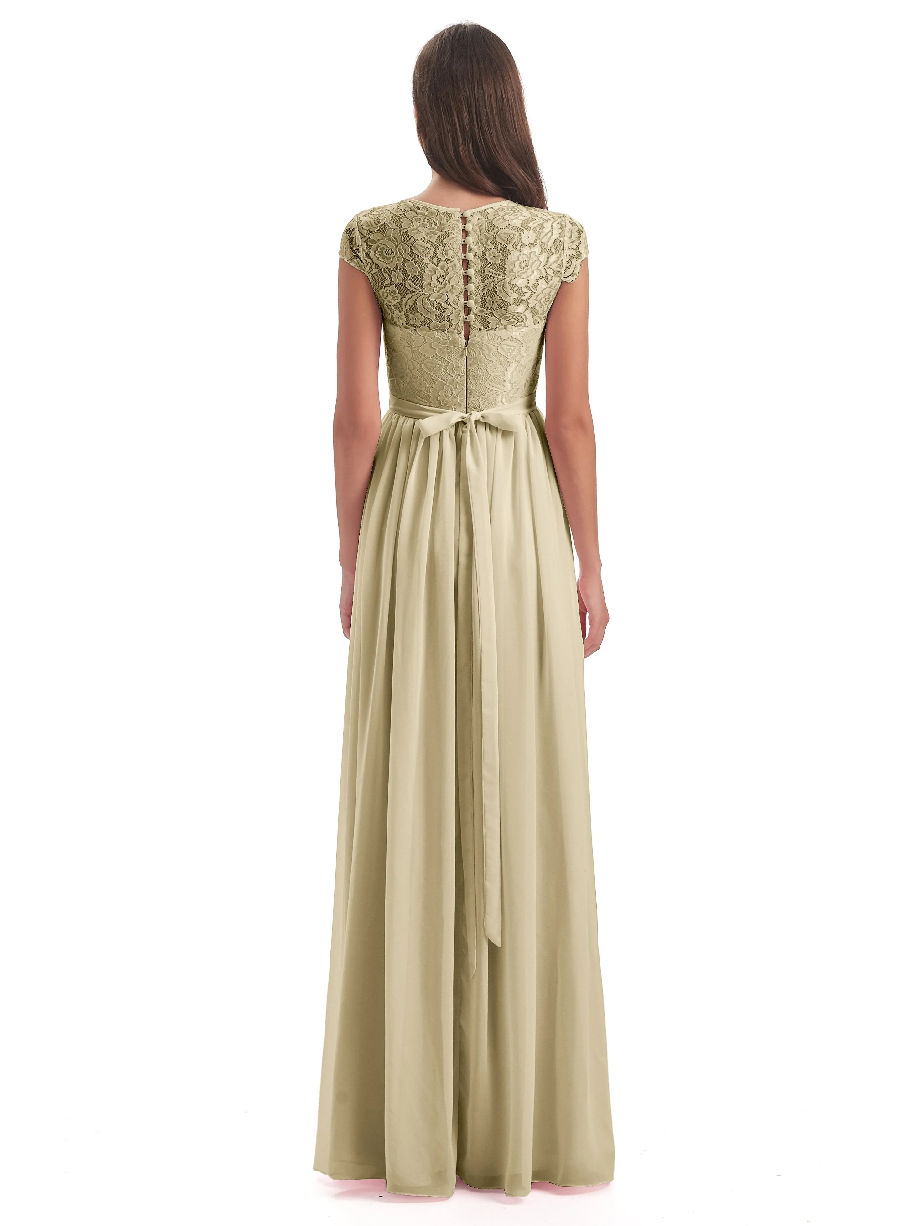 Darcy Modest Cap Sleeves Illusion Long Chiffon Bridesmaid Dresses