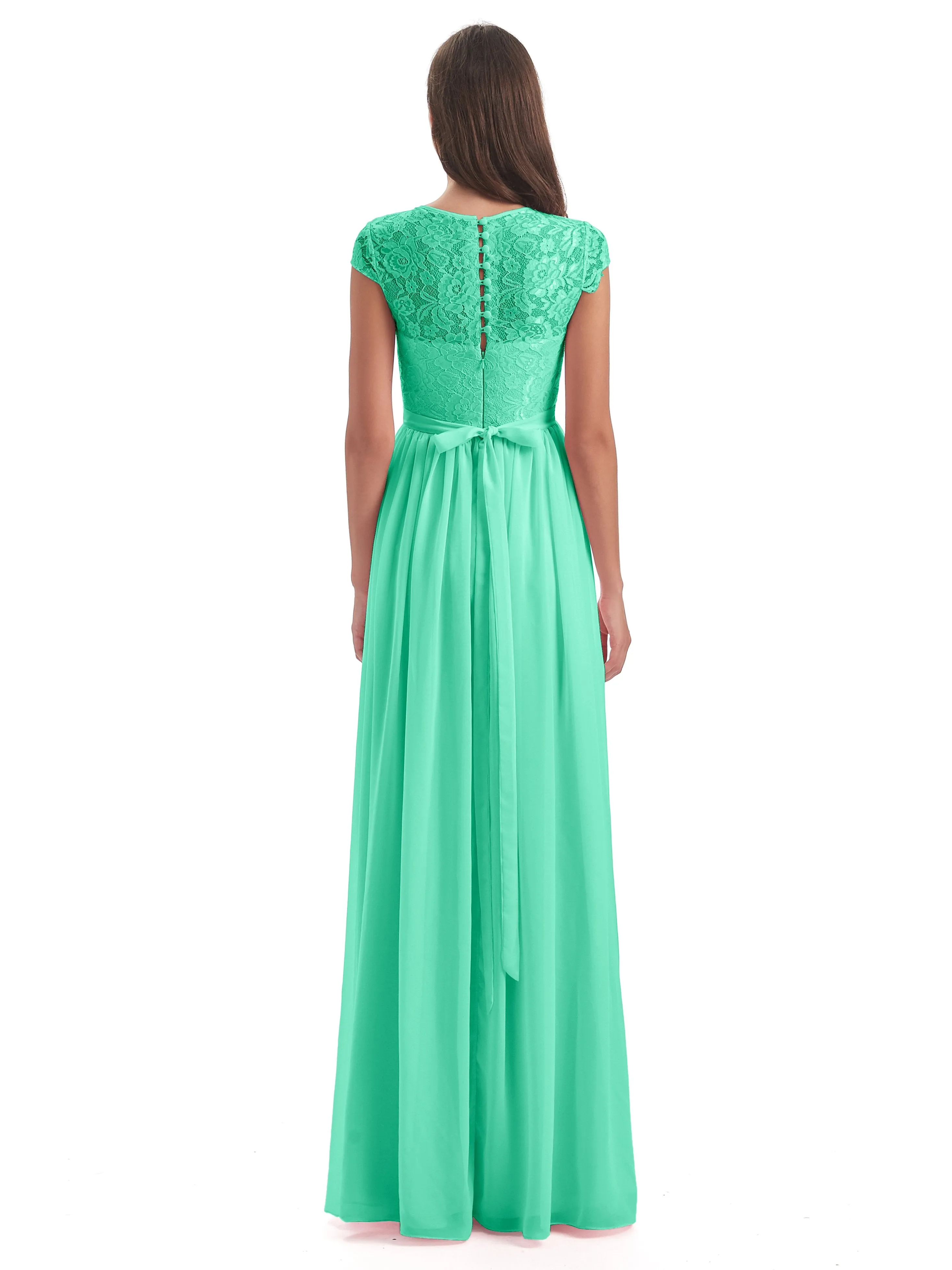 Darcy Modest Cap Sleeves Illusion Long Chiffon Bridesmaid Dresses