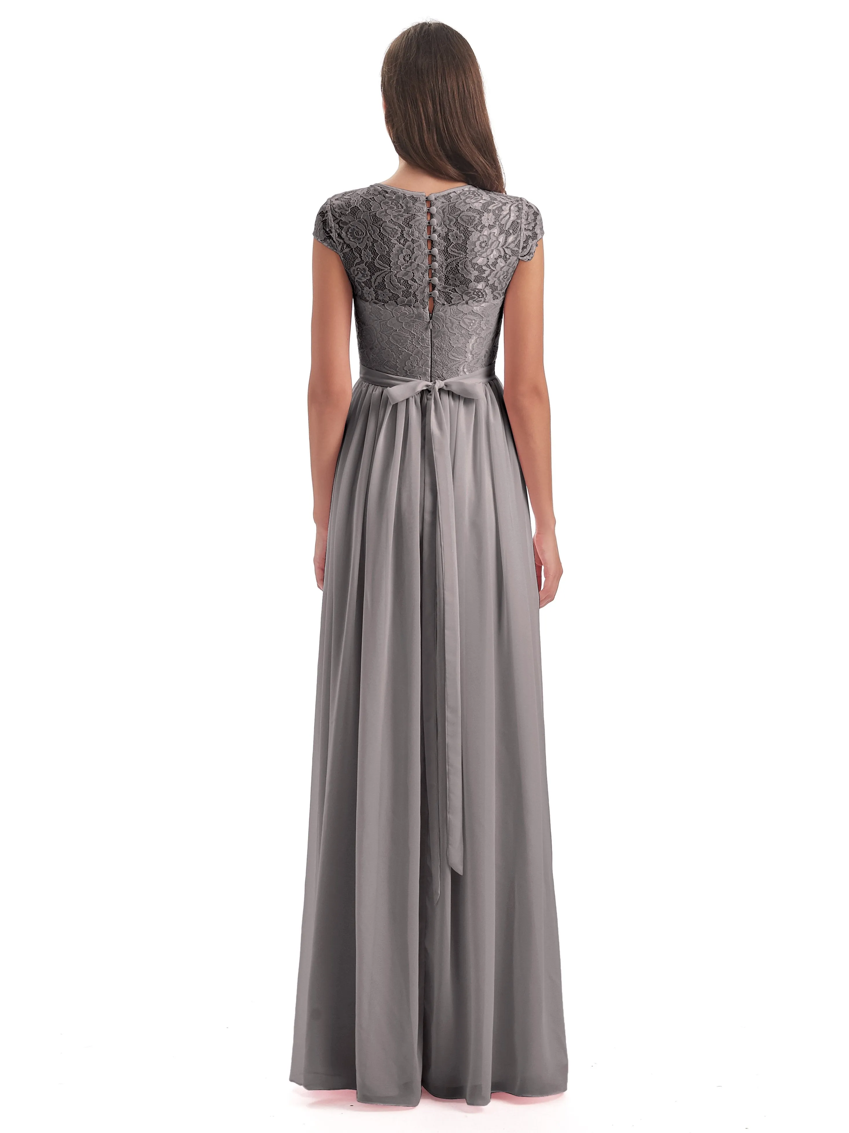 Darcy Modest Cap Sleeves Illusion Long Chiffon Bridesmaid Dresses