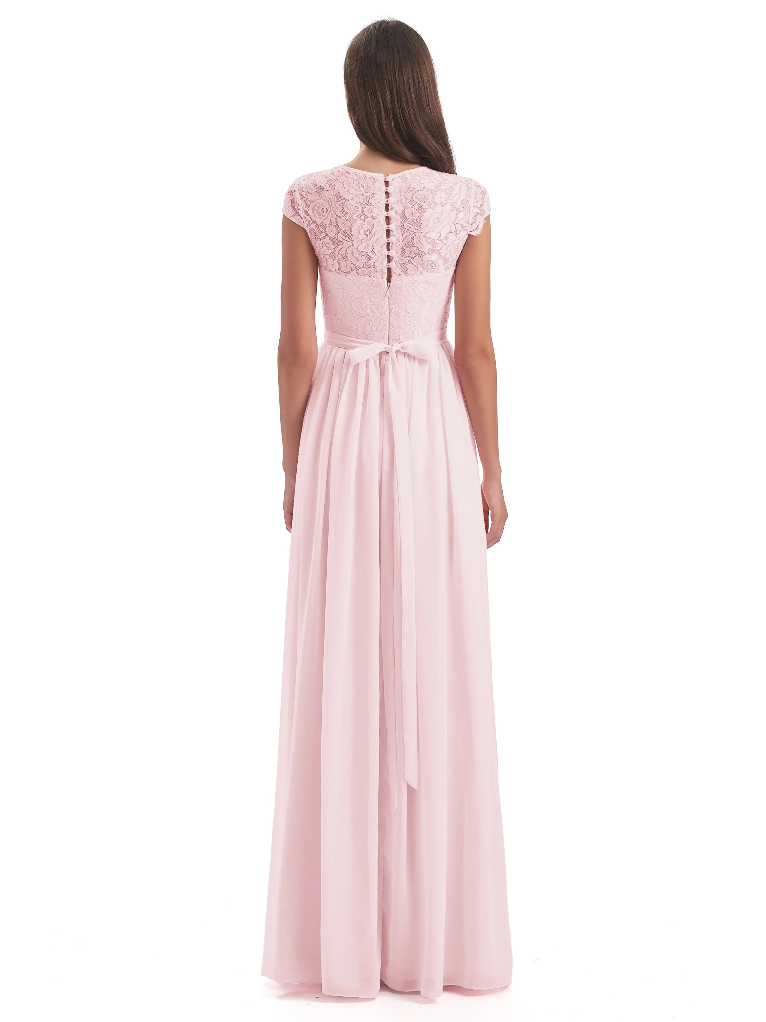 Darcy Modest Cap Sleeves Illusion Long Chiffon Bridesmaid Dresses