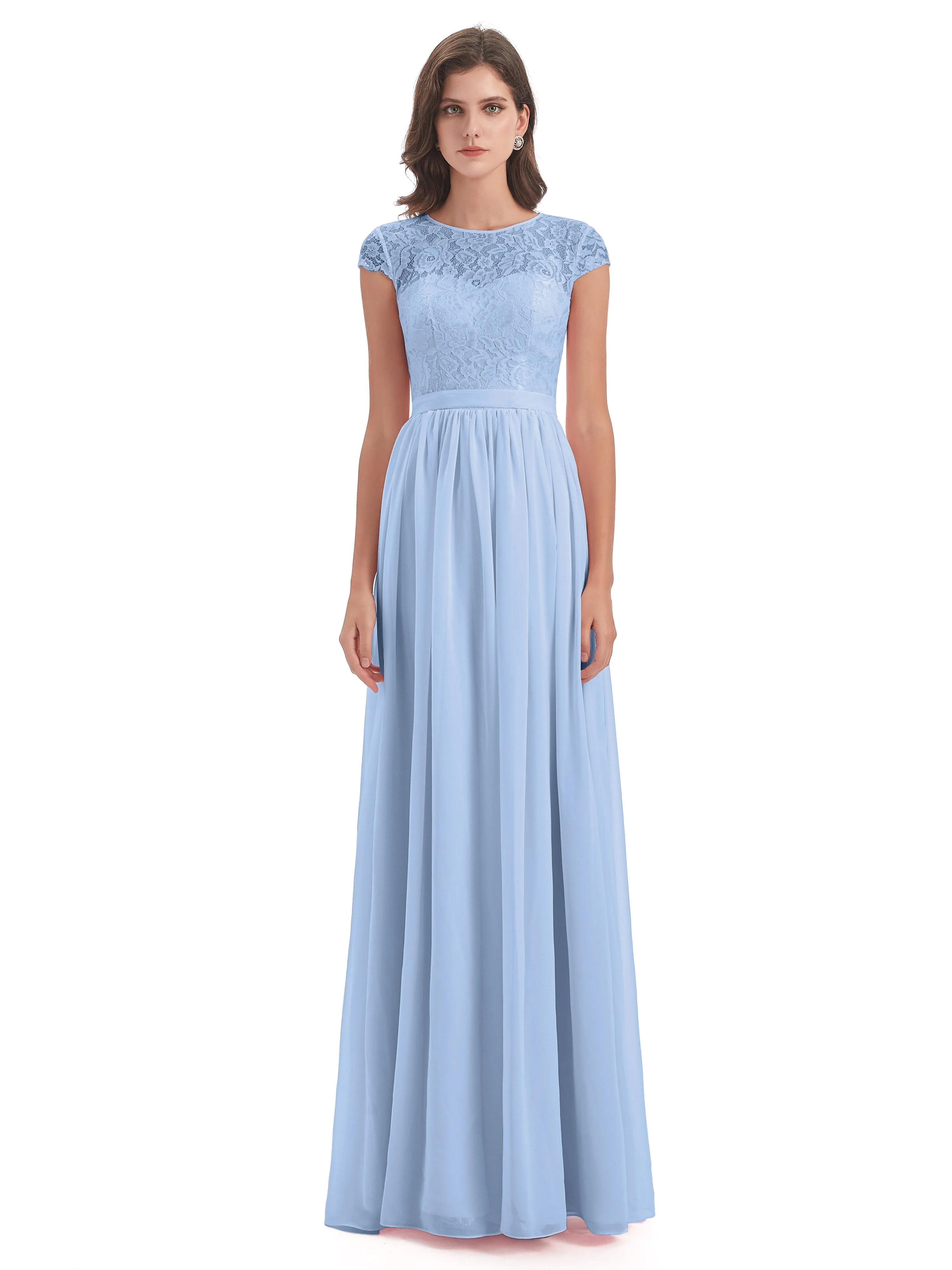 Darcy Modest Cap Sleeves Illusion Long Chiffon Bridesmaid Dresses