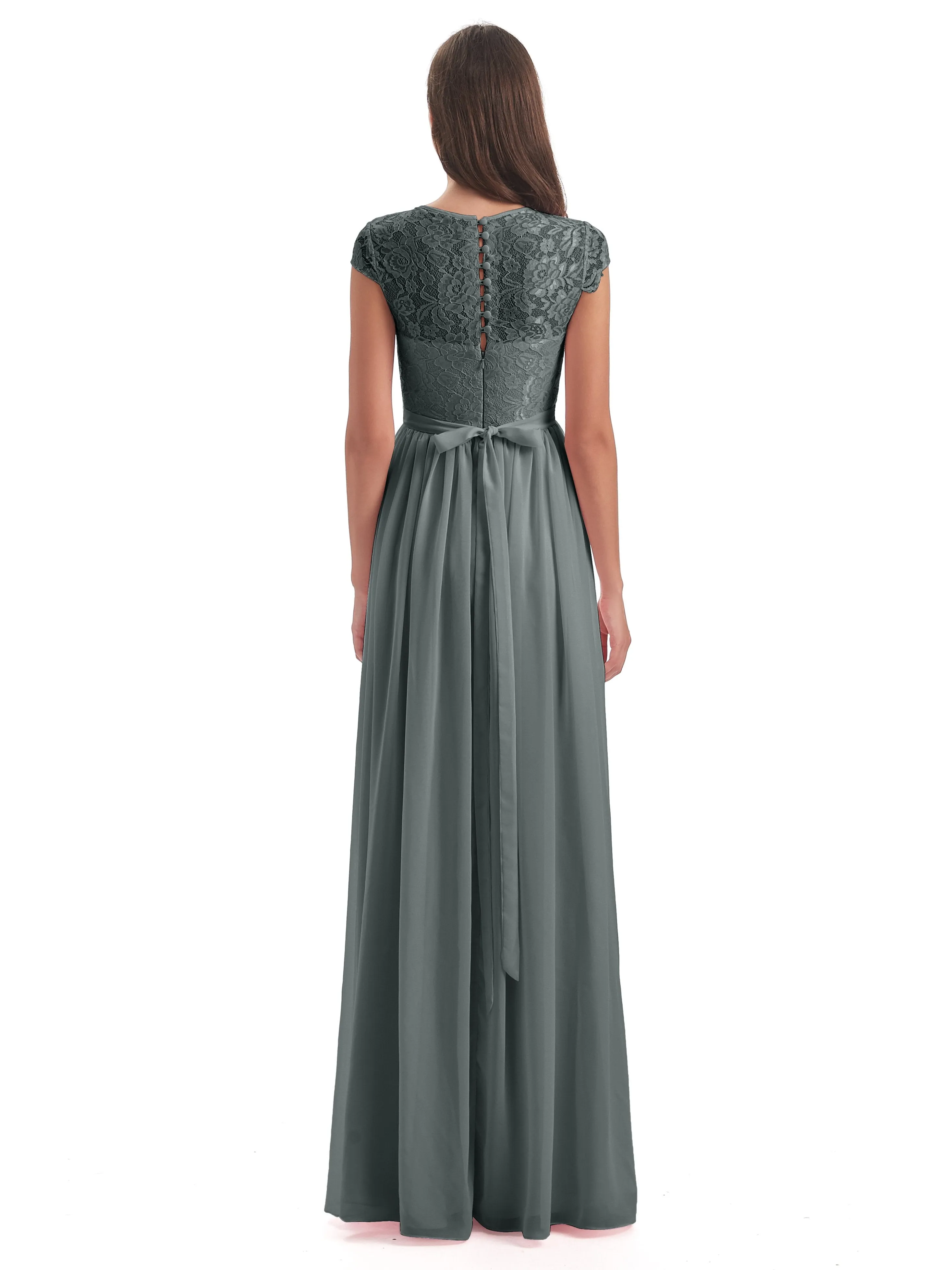 Darcy Modest Cap Sleeves Illusion Long Chiffon Bridesmaid Dresses