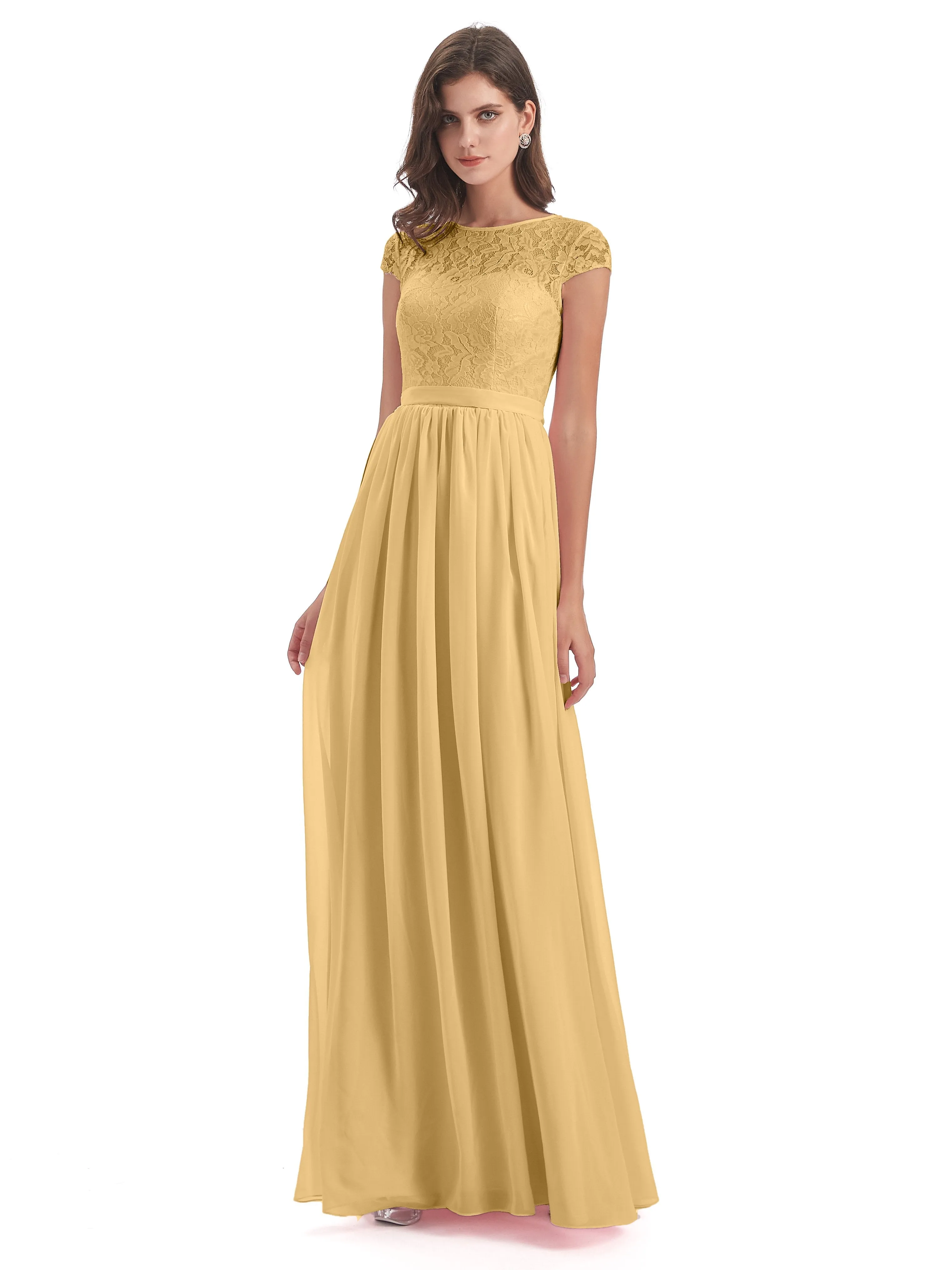 Darcy Modest Cap Sleeves Illusion Long Chiffon Bridesmaid Dresses