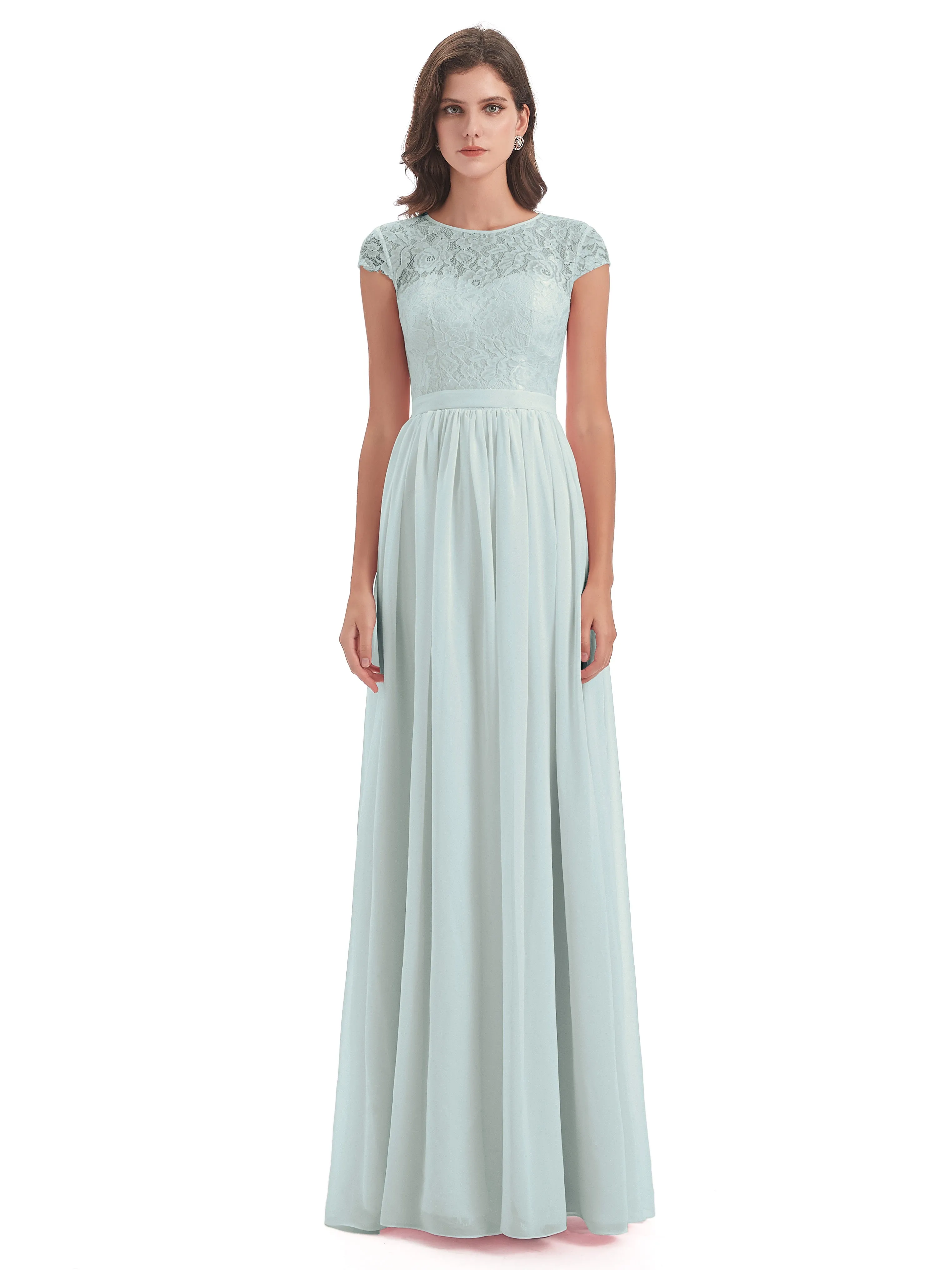 Darcy Modest Cap Sleeves Illusion Long Chiffon Bridesmaid Dresses