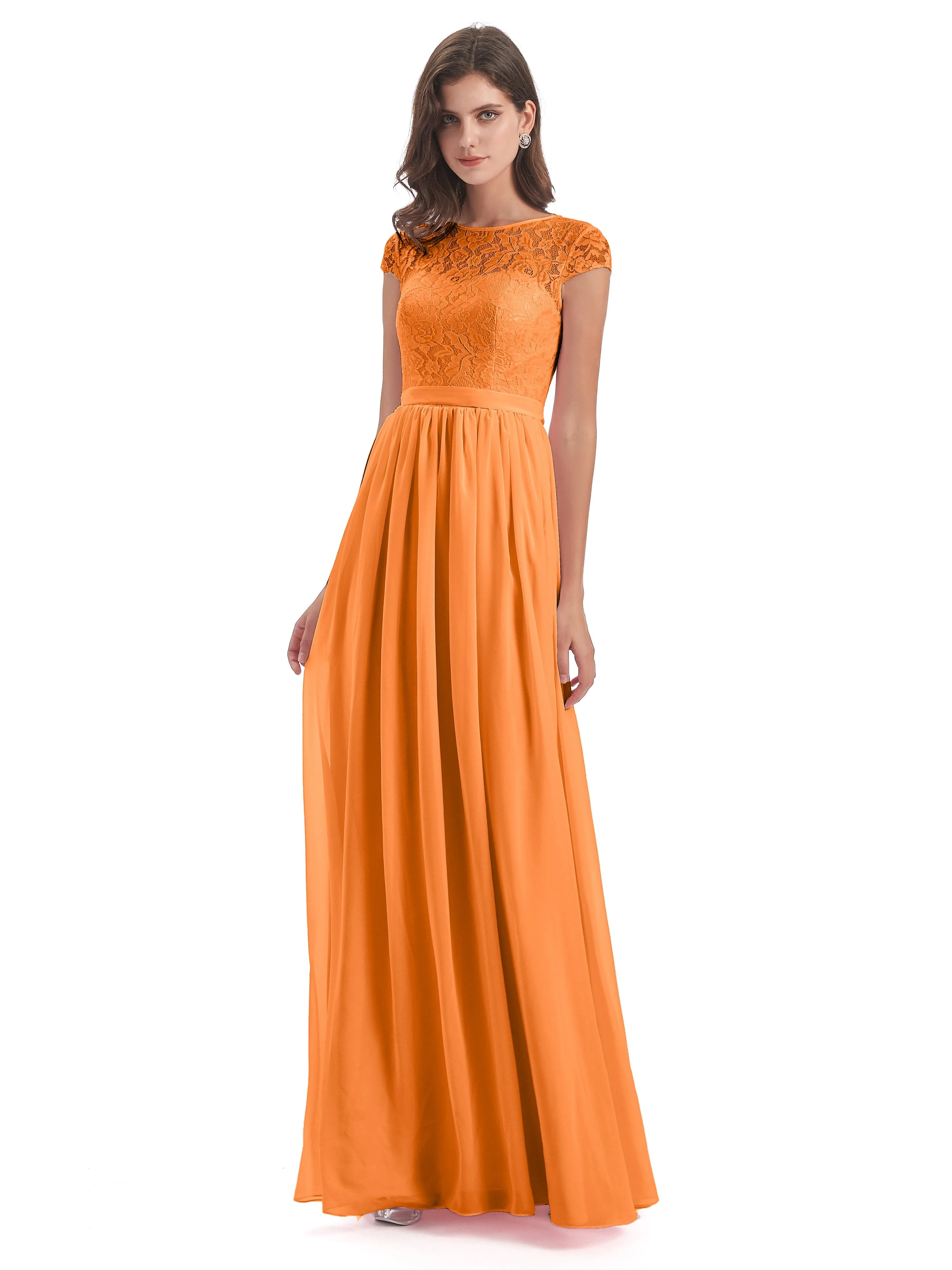 Darcy Modest Cap Sleeves Illusion Long Chiffon Bridesmaid Dresses