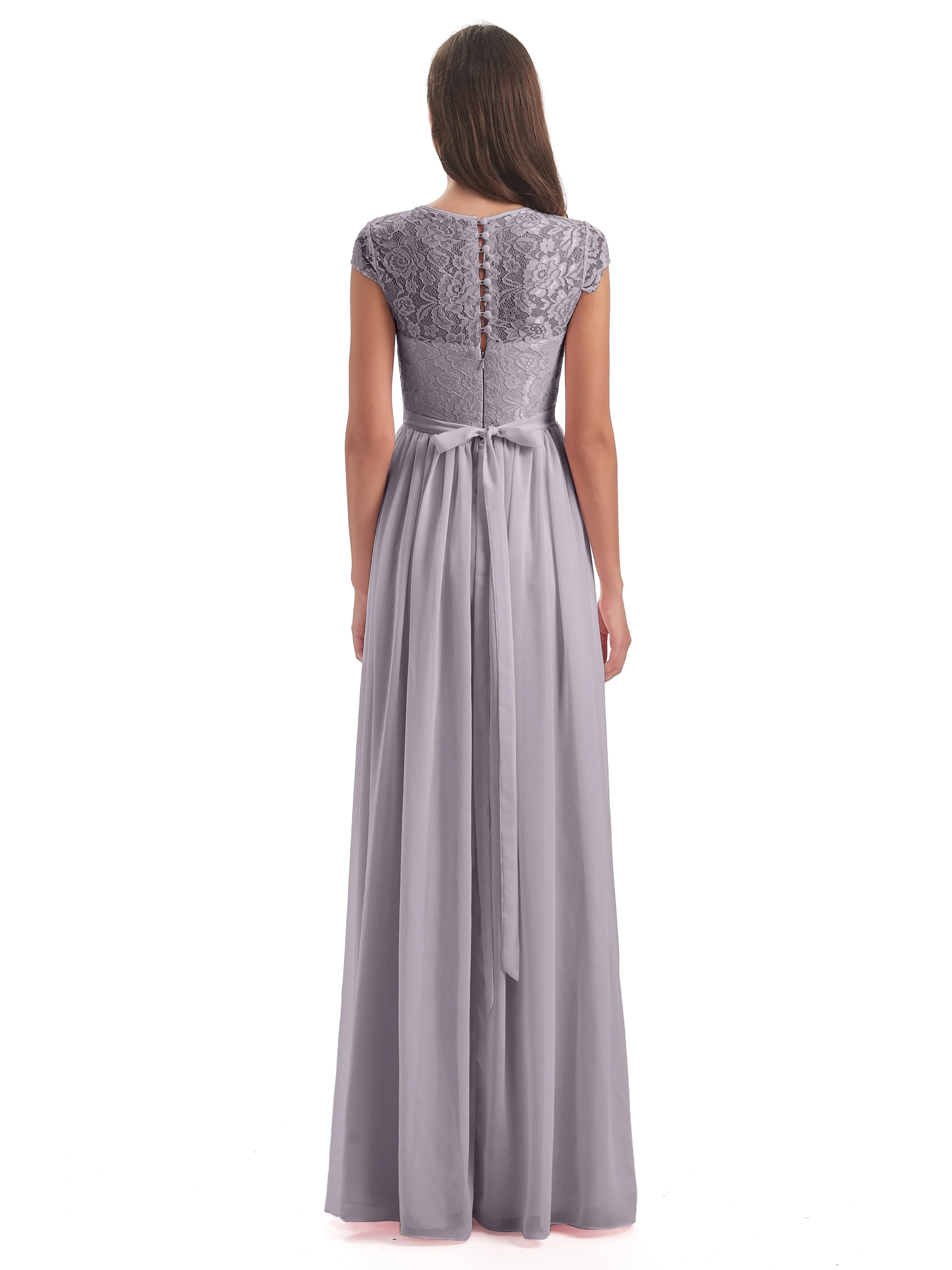 Darcy Modest Cap Sleeves Illusion Long Chiffon Bridesmaid Dresses