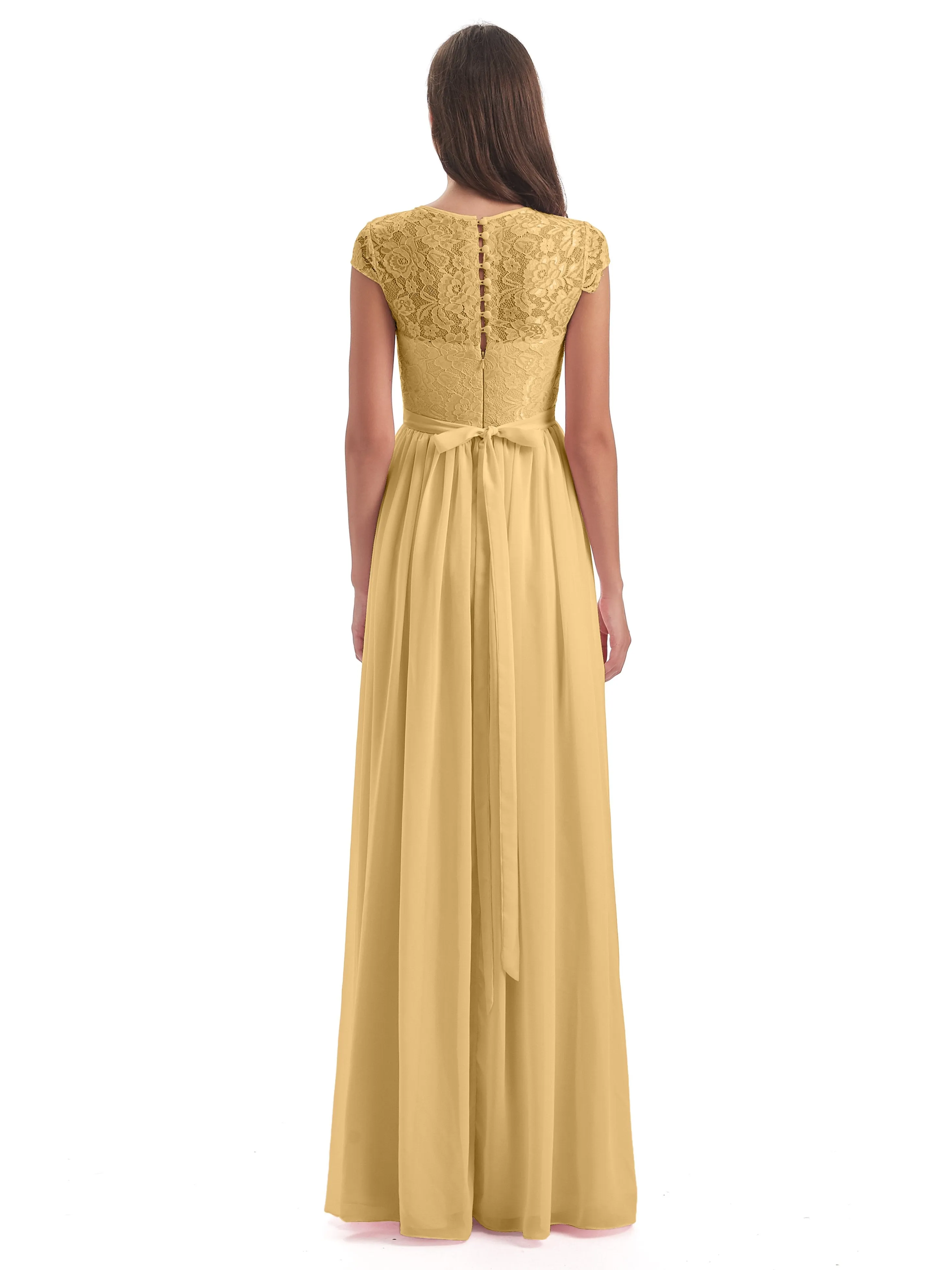 Darcy Modest Cap Sleeves Illusion Long Chiffon Bridesmaid Dresses