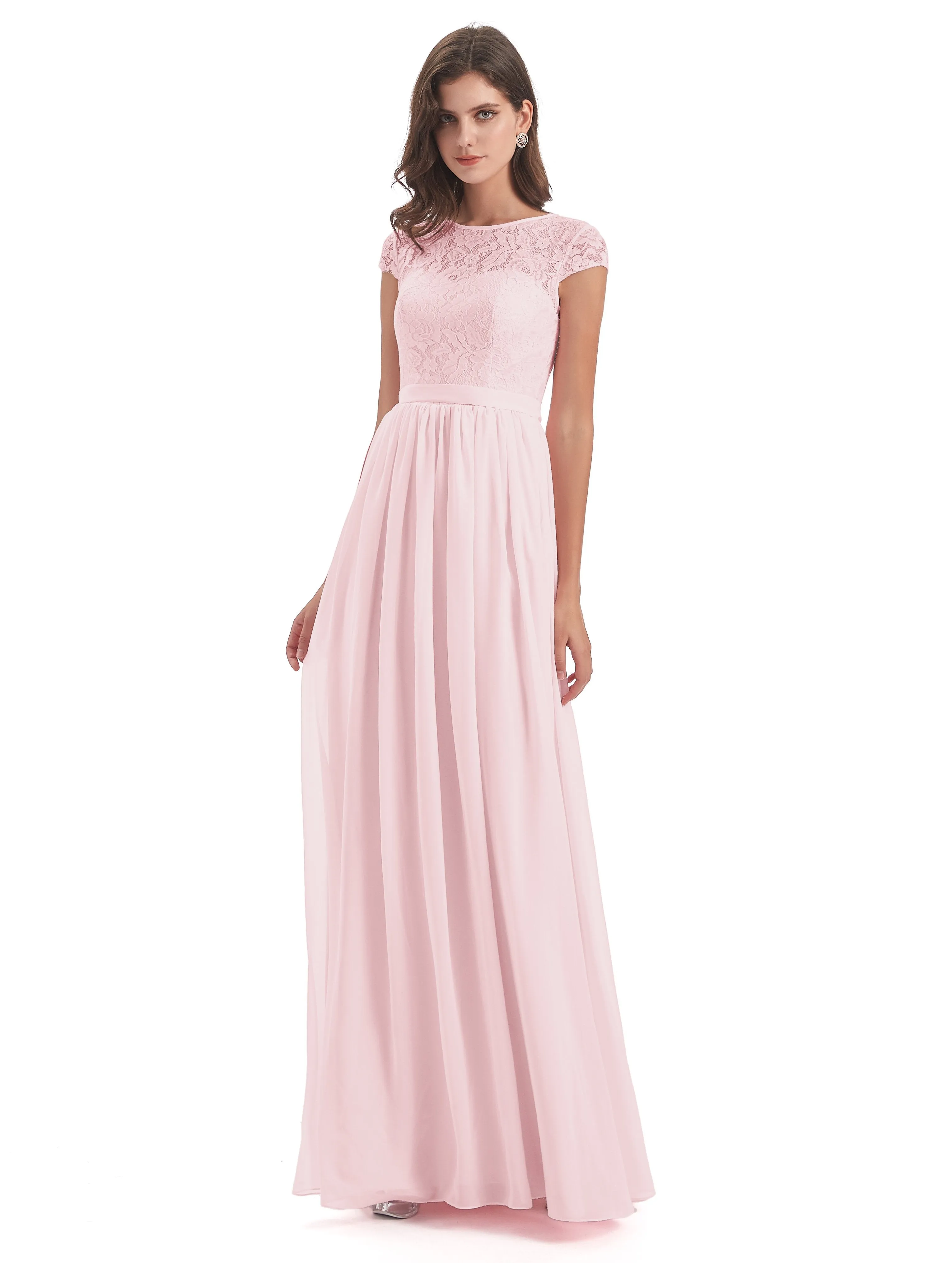 Darcy Modest Cap Sleeves Illusion Long Chiffon Bridesmaid Dresses