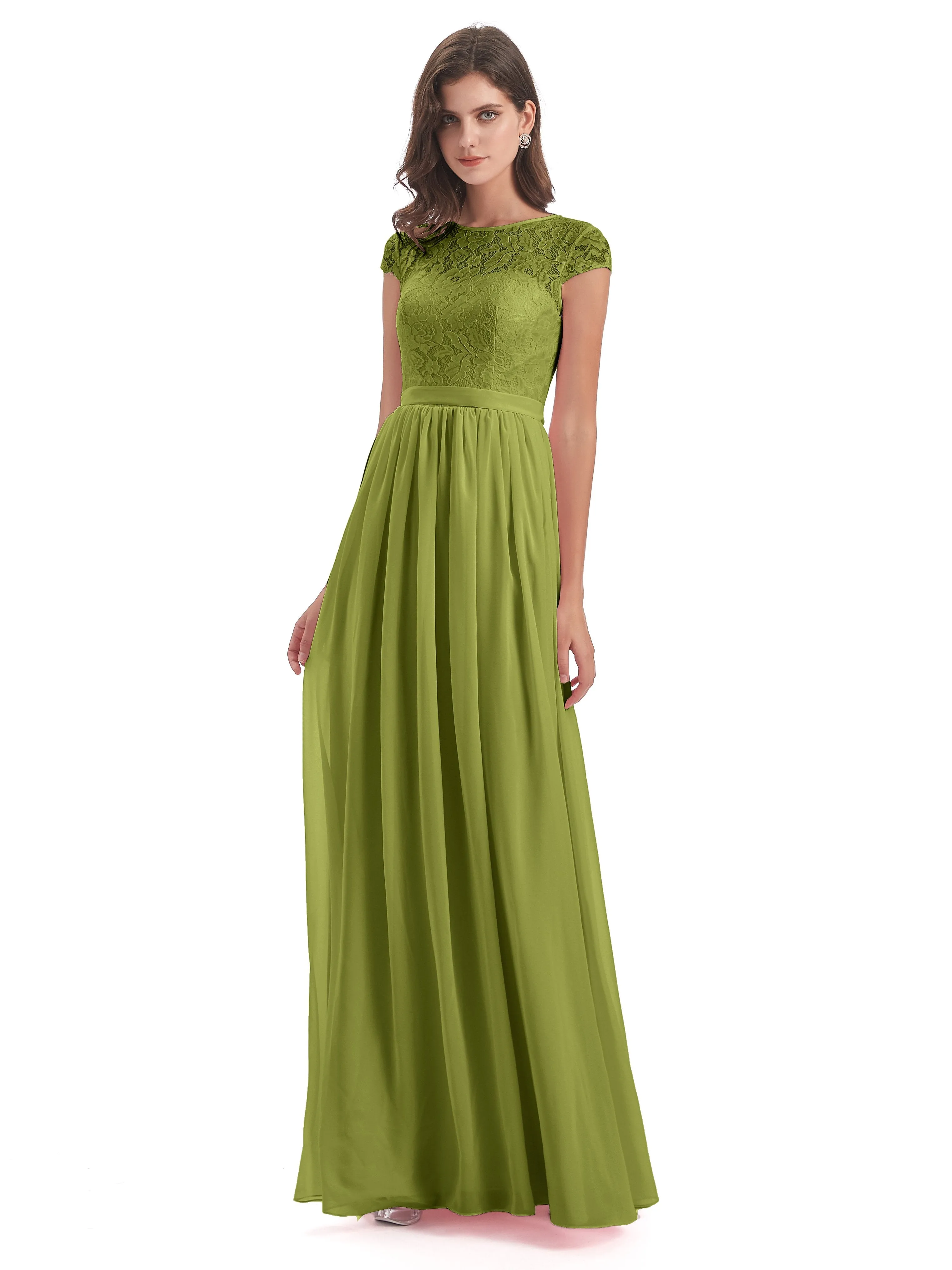 Darcy Modest Cap Sleeves Illusion Long Chiffon Bridesmaid Dresses