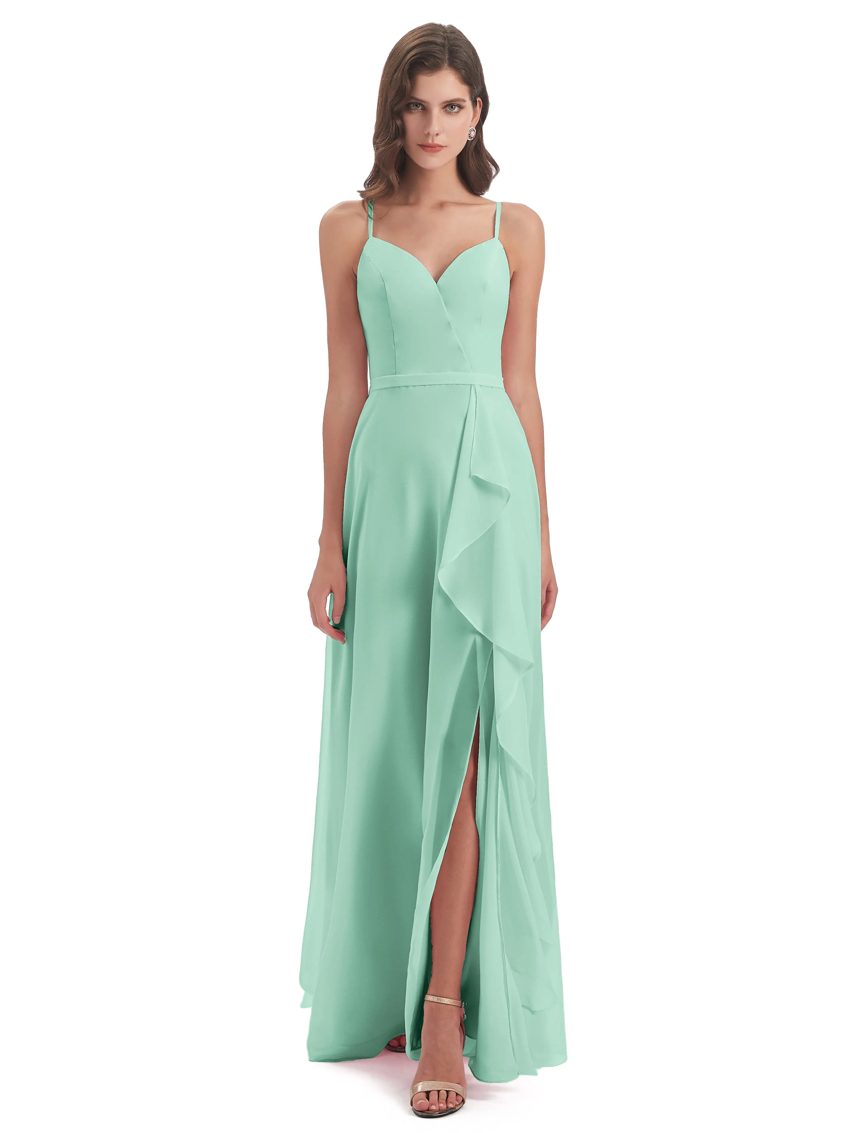 Delilah Chiffon Spaghetti Straps Long Elegant Bridesmaid Dresses