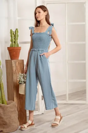 Dusty Blue Smocked Jumpsuit