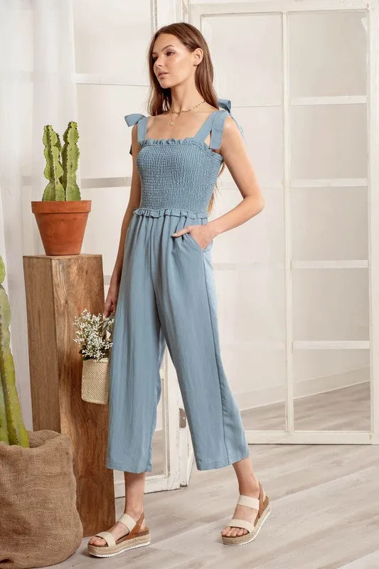 Dusty Blue Smocked Jumpsuit