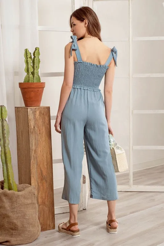 Dusty Blue Smocked Jumpsuit