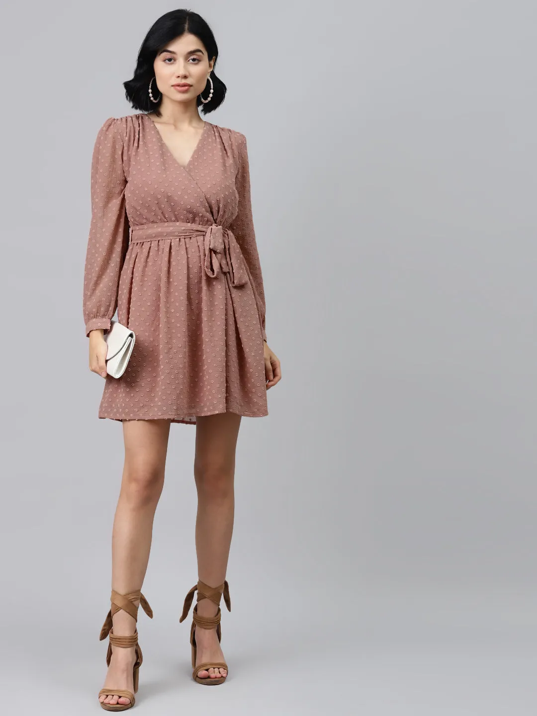 Dusty Pink Wrap Full Sleeves Dress