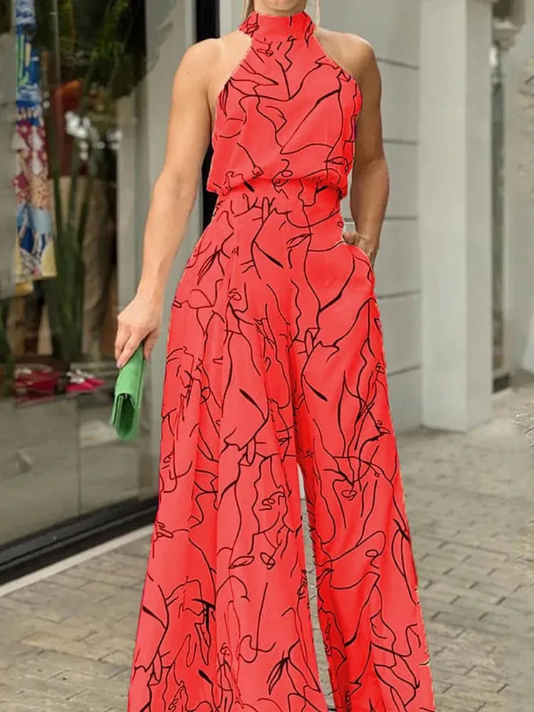 Elegant Halter Neck Jumpsuit: Casual Printed Design with Sleeveless Tie, Wide Leg Pants