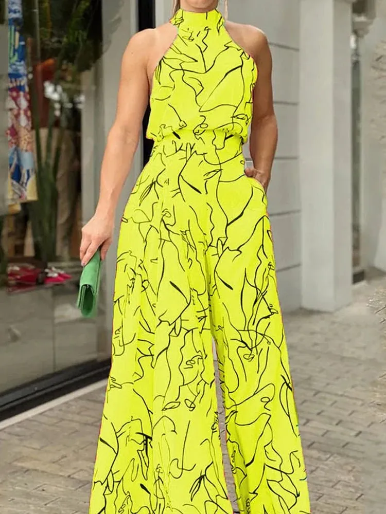 Elegant Halter Neck Jumpsuit: Casual Printed Design with Sleeveless Tie, Wide Leg Pants