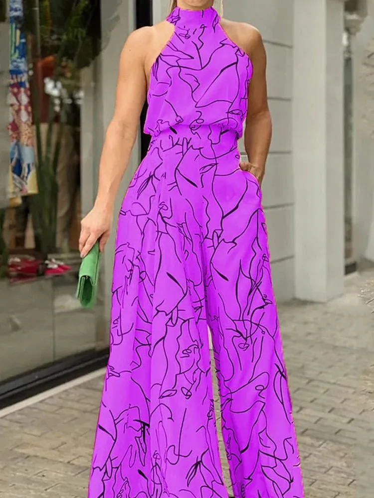 Elegant Halter Neck Jumpsuit: Casual Printed Design with Sleeveless Tie, Wide Leg Pants