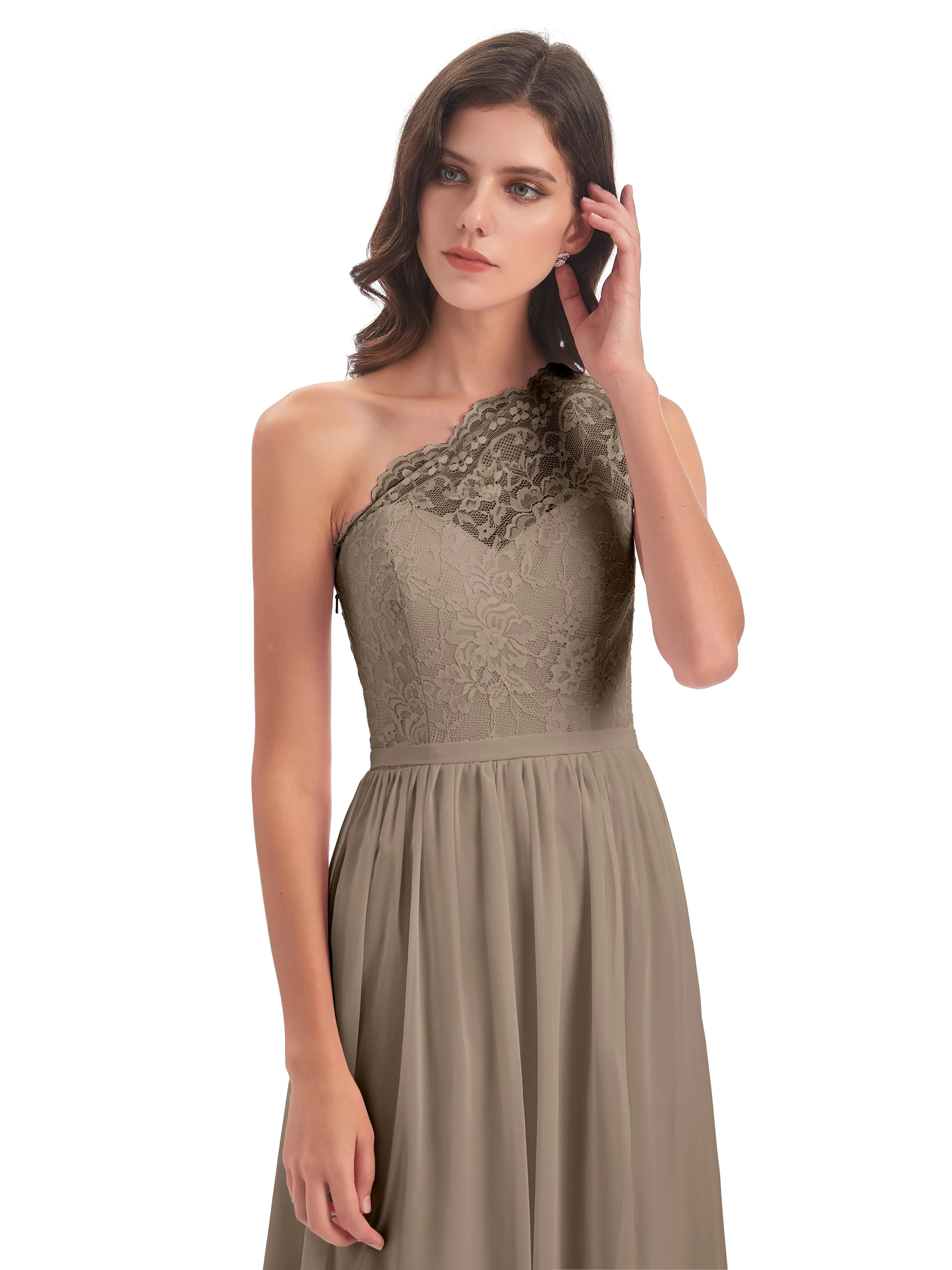 Eliza Lace/Chiffon One-Shoulder Floor-Length Bridesmaid Dresses