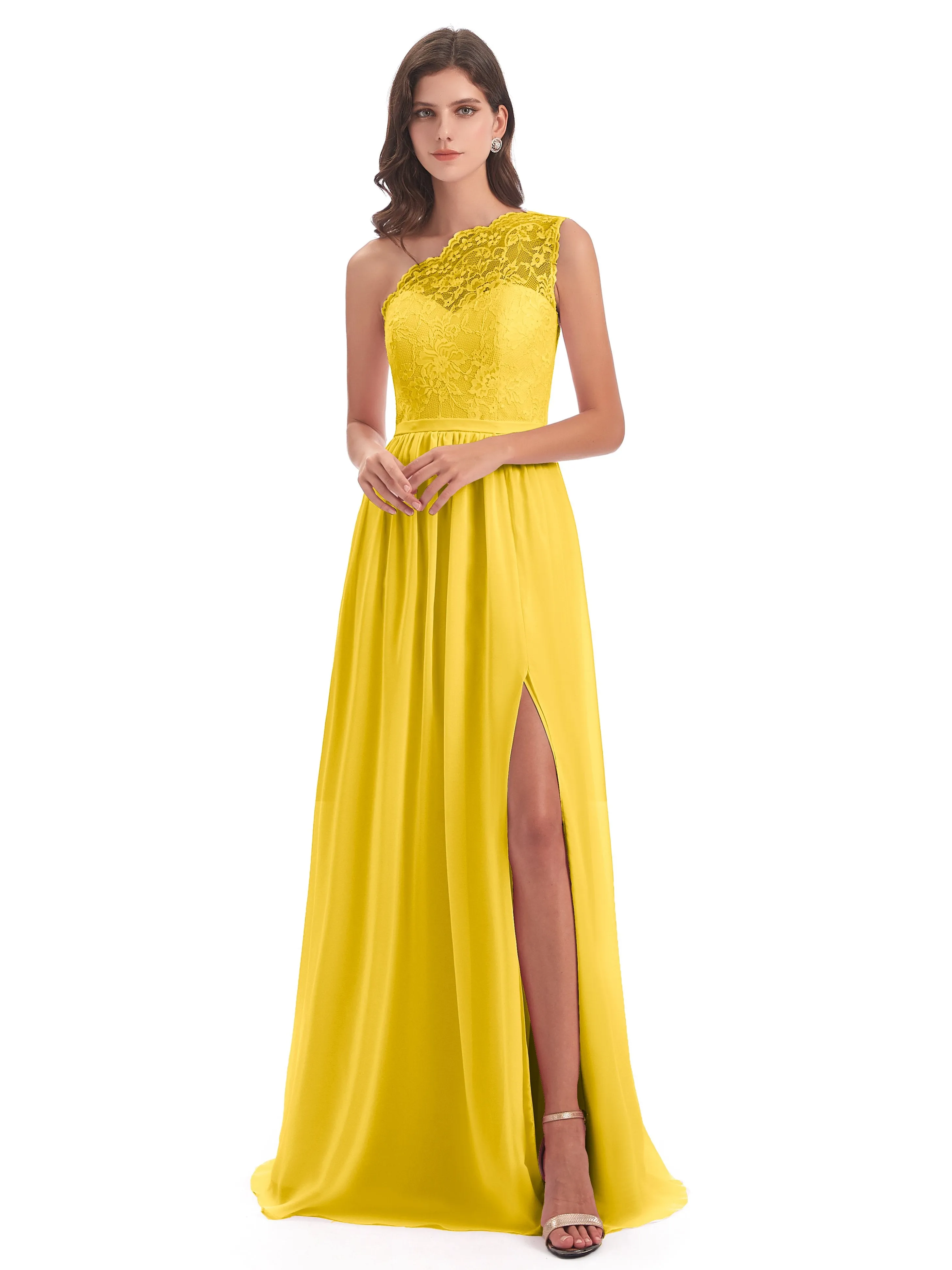 Eliza Lace/Chiffon One-Shoulder Floor-Length Bridesmaid Dresses